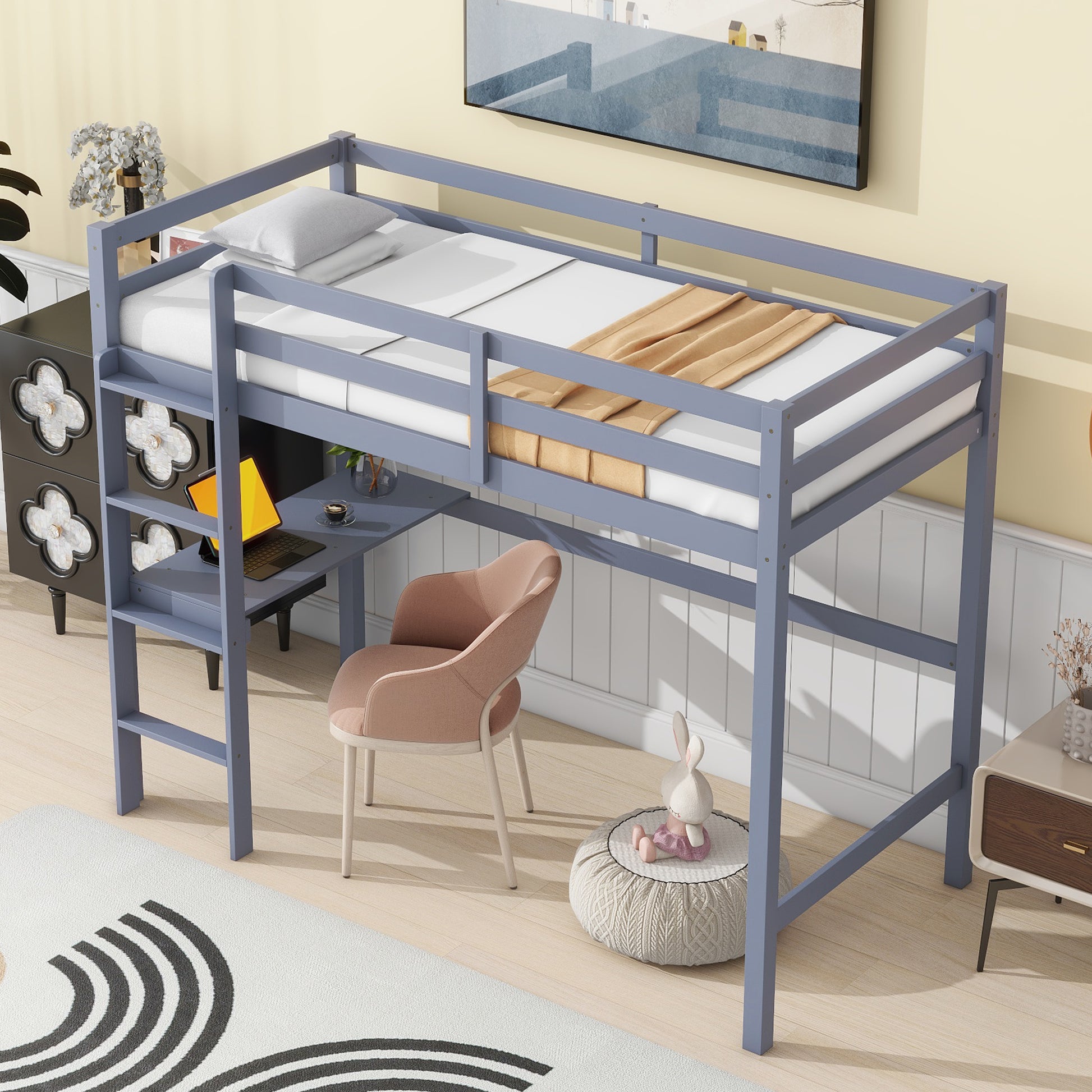 Twin High Loft Bed, Rubber Wood Loft Bed With Safety Guardrail, Built In Desk, Ladder,Grey Twin Grey Rubber Wood