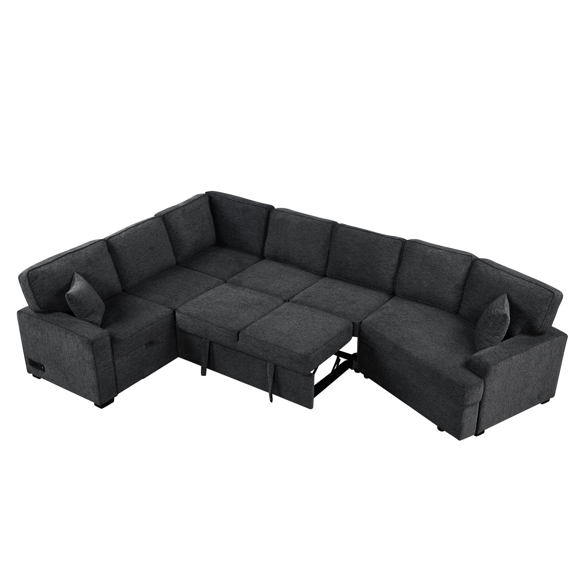 126" L Shaped Sofa Sectional Sofa Couch Pull Out Sofa Bed With Charging Devices And Cup Holders For Living Room, Blue Black Black Blue Foam Chenille 6 Seat