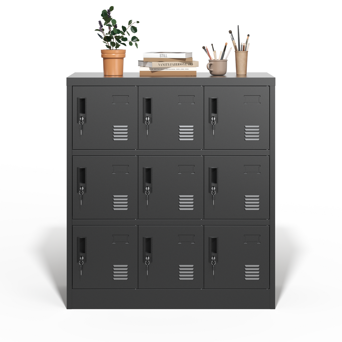 9 Door Employee Storage Locker, Metal Lockers For Office, Gym, School, And Homewith Card Slot Black Freestanding 5 Or More Spaces Powder Coated Black Gym Door Locks Modern Metal Metal