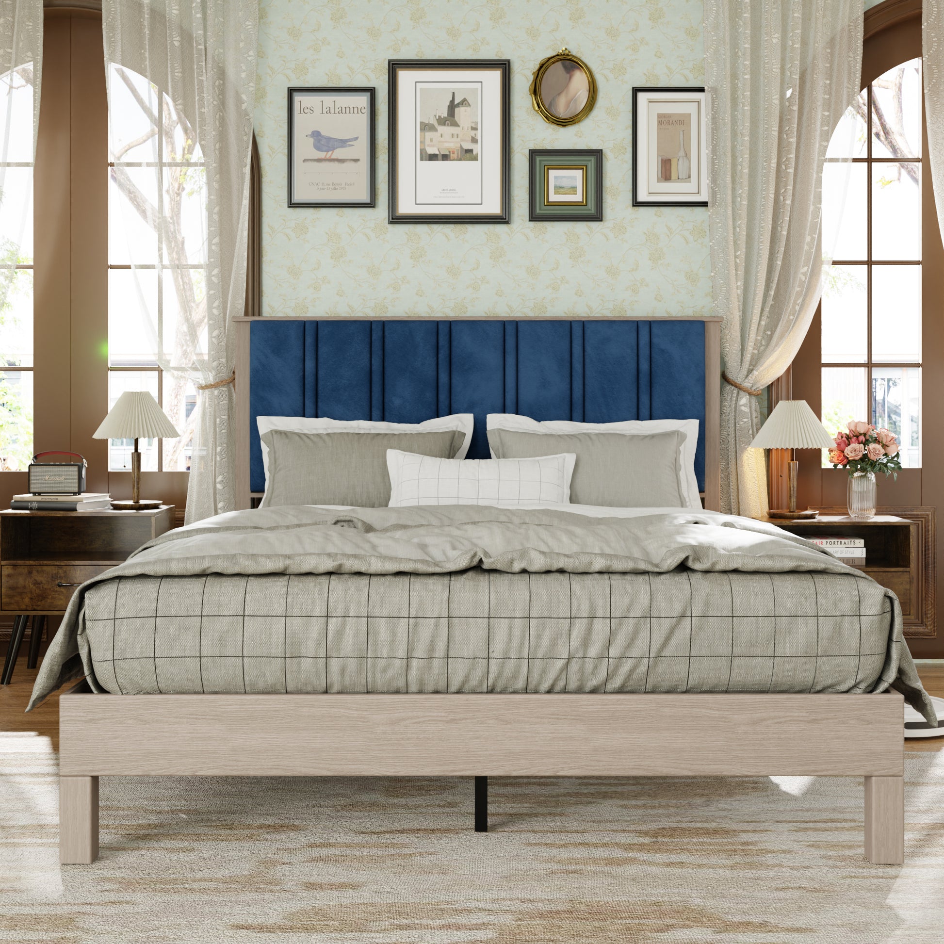 King Bed Frame, Wood With Wood Headboard Bed Frame With Upholstered Headboard Wood Foundation With Wood Slat Support No Box Spring Needed Easy Assembly Box Spring Not Required King Antique Grey White Wood Bedroom Pine Bed Frame Metal & Wood