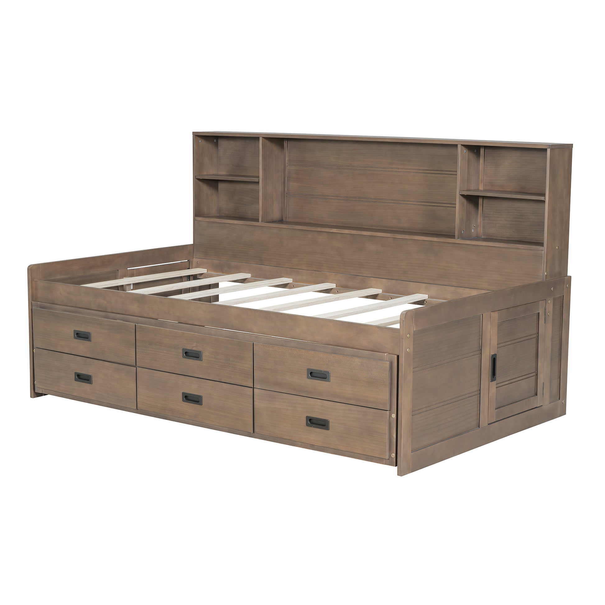 Twin Size Captain Daybed With Storage Bookcase Headboard,Captain Bed With Trundle And Three Storage Drawers For Kids Teens Dorm Bedroom Multipurpose Guest Room Or Home, Walnut Box Spring Not Required Twin Walnut Wood Solid Wood Mdf