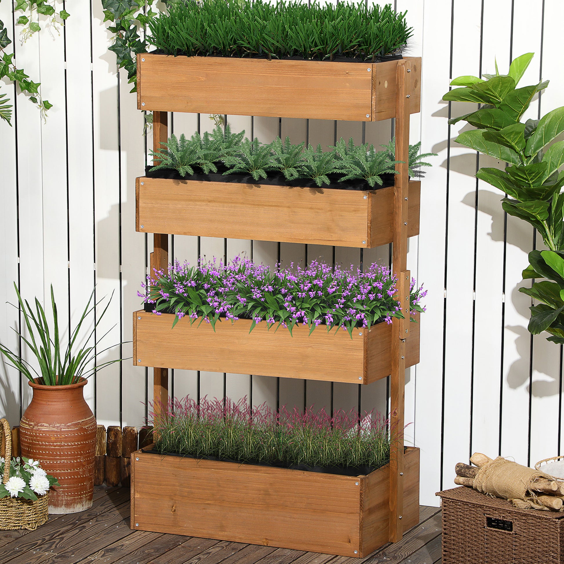 Outsunny Vertical Garden Planter, Wooden 4 Tier Planter Box, Self Draining With Non Woven Fabric For Outdoor Flowers, Vegetables And Herbs, Orange Orange Wood