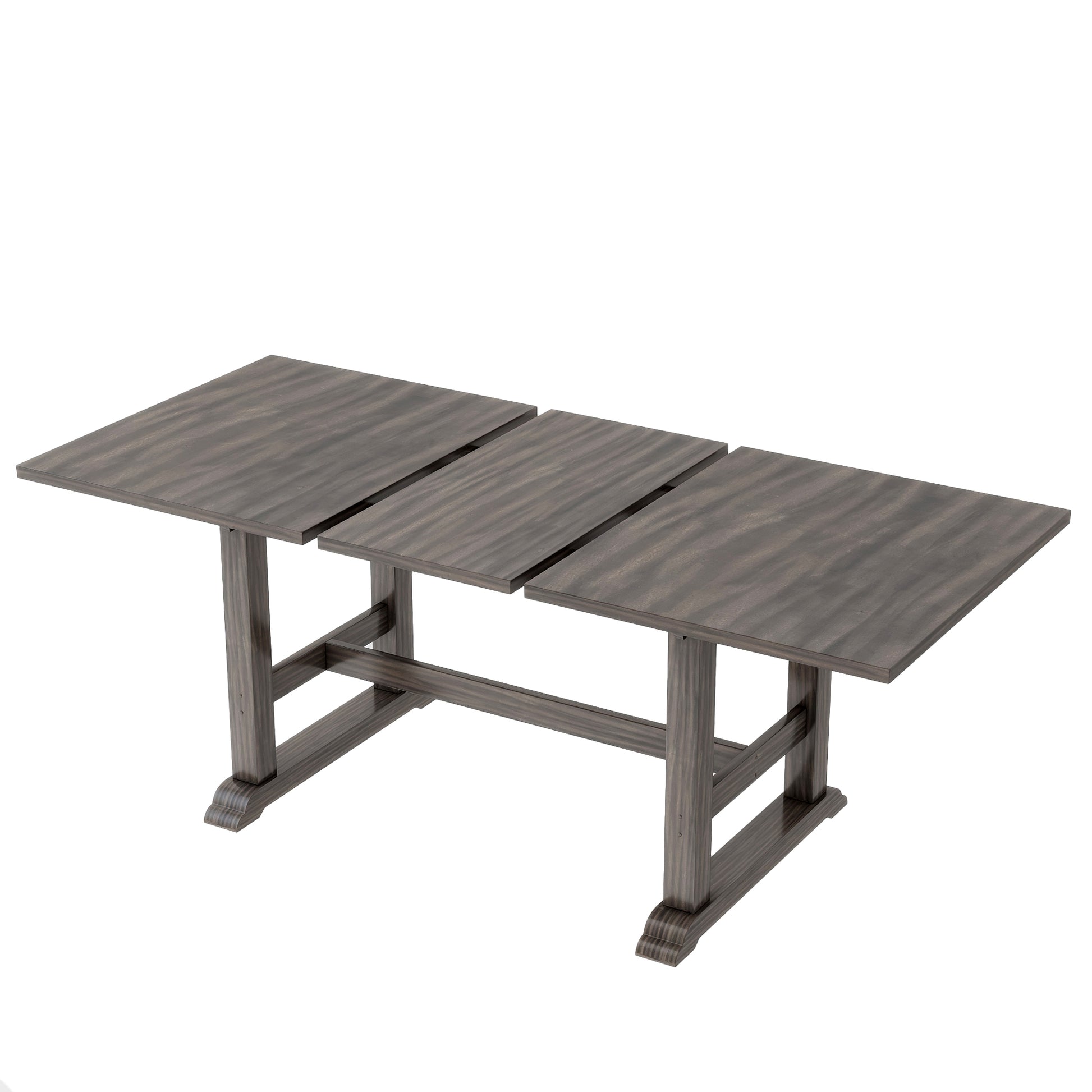 7 Piece Updated 76.9Inch Extendable Trestle Dining Table Set With Removable Leaf, Kitchen Table Set With Upholstered Side Chair And Arm Chair, Set Of 6, Grey Brown Wood Dining Room Solid Wood Rubberwood Rectangular Dining Table With Chair Upholstered