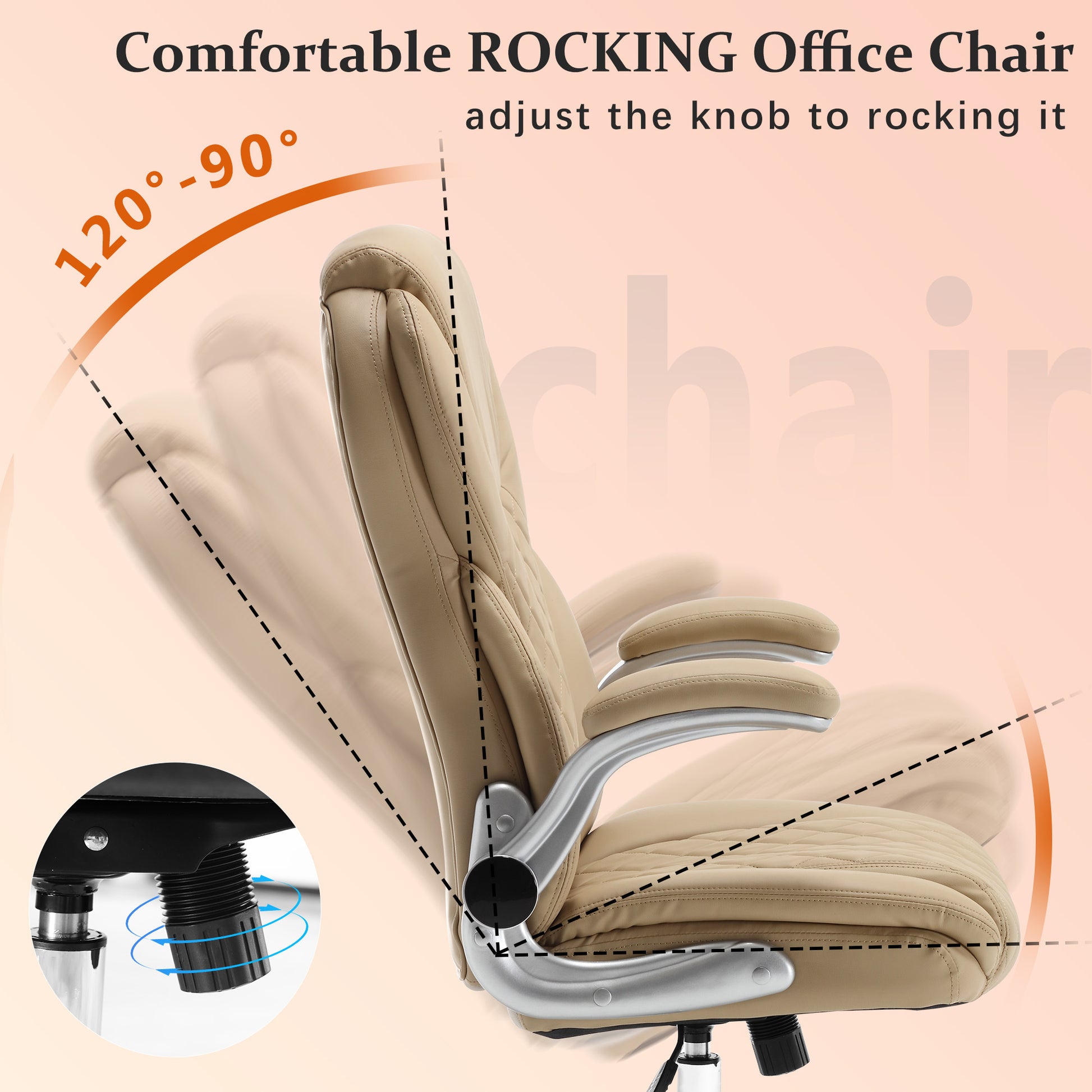 Ergonomic Office Chair With Flip Up Armrests And Wheels, Leather Rocking Executive Office Chair Beige Foam Pu Leather