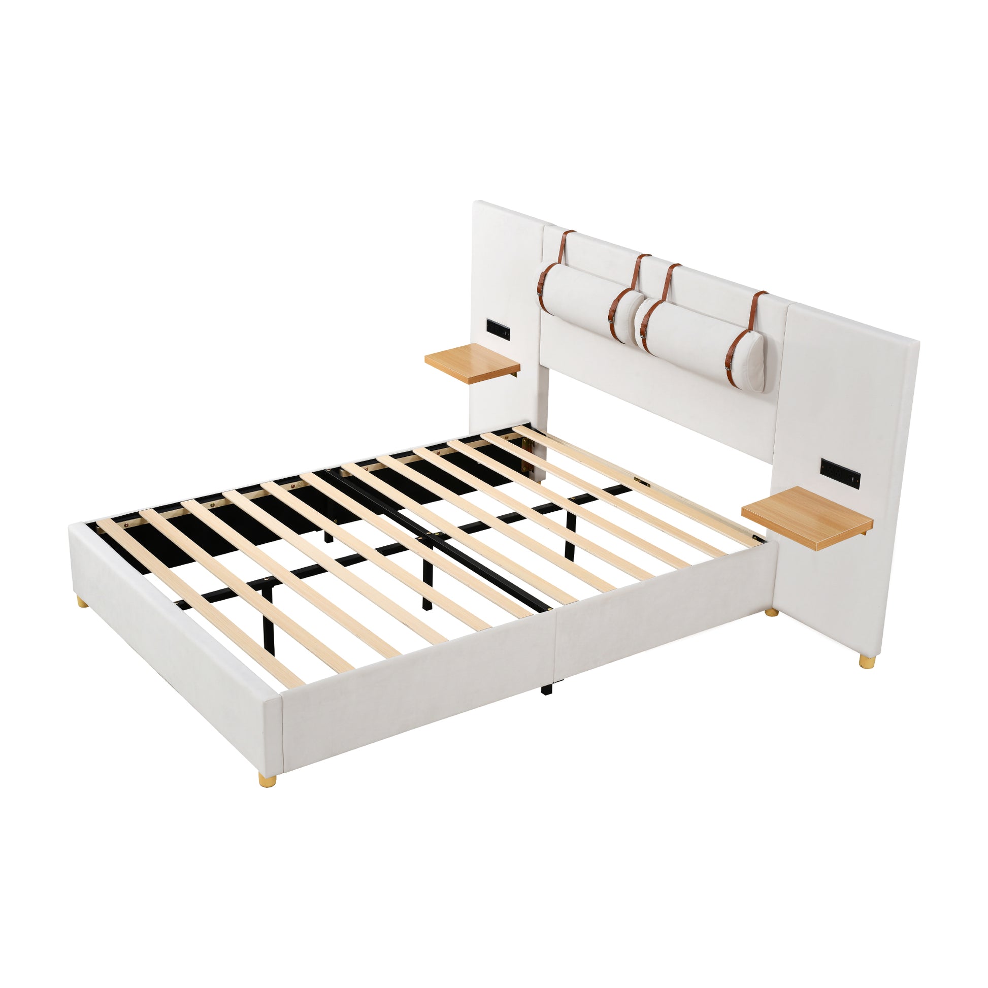 Full Size Upholstered Platform Bed, Two Outlets And Usb Charging Ports On Both Sides, Two Bedside Pillows, Storage Shelves,Velvet,Beige Full Beige Mdf Lvl