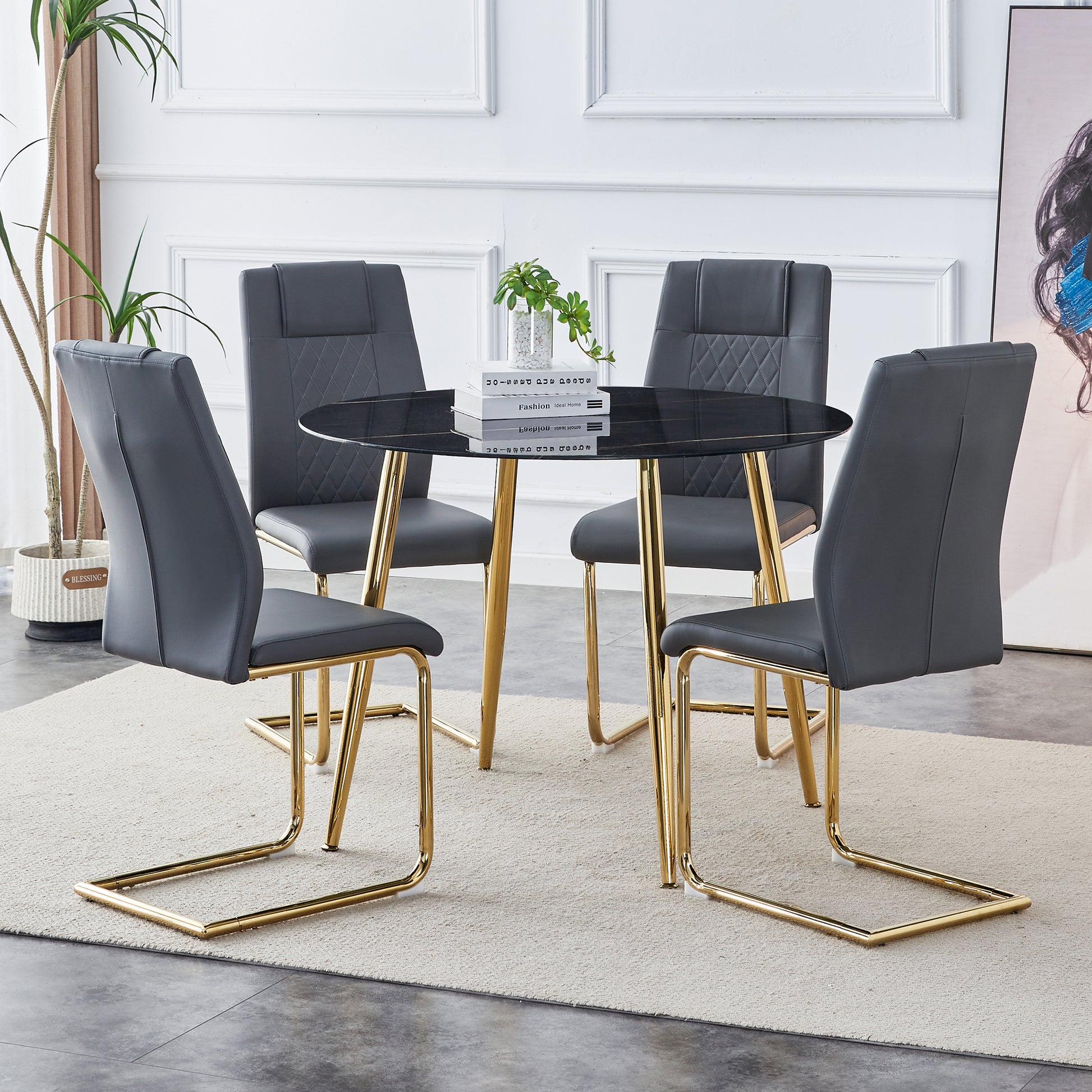 1 Table And 4 Chairs, A Modern Minimalist Circular Dining Table With A 40 Inch Black Imitation Marble Glass Tabletop And Gold Plated Metal Legs, And 4 Modern Gold Plated Metal Leg Chairs. Black Gold Seats 4 Glass