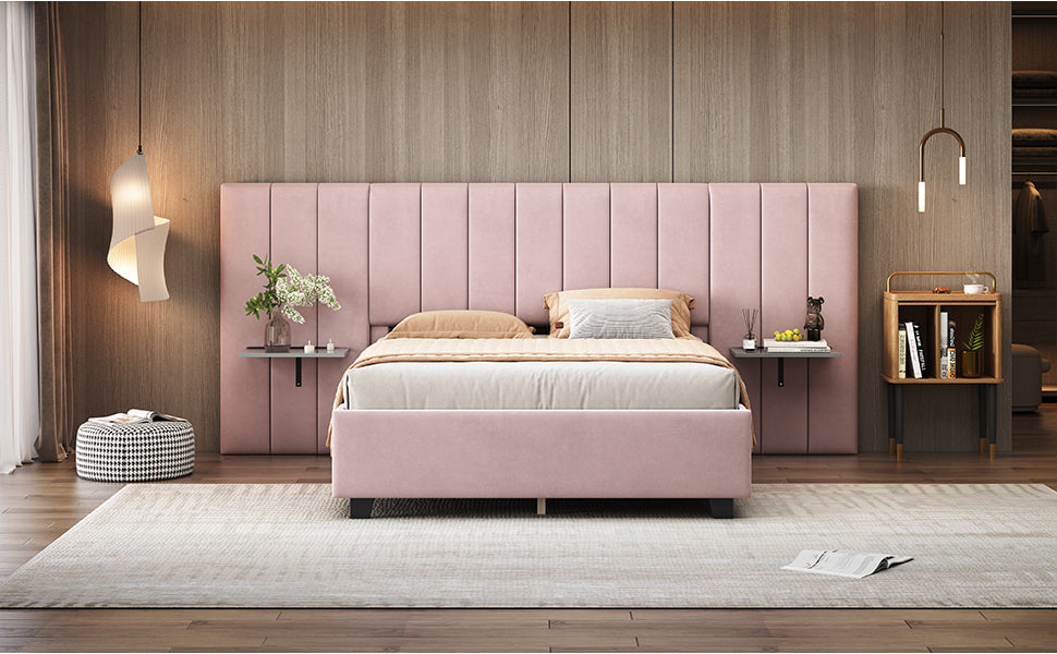 Full Size Upholstered Platform Bed With Big Headboard, Bedroom Furniture, Velvet, Pink Full Pink Plywood
