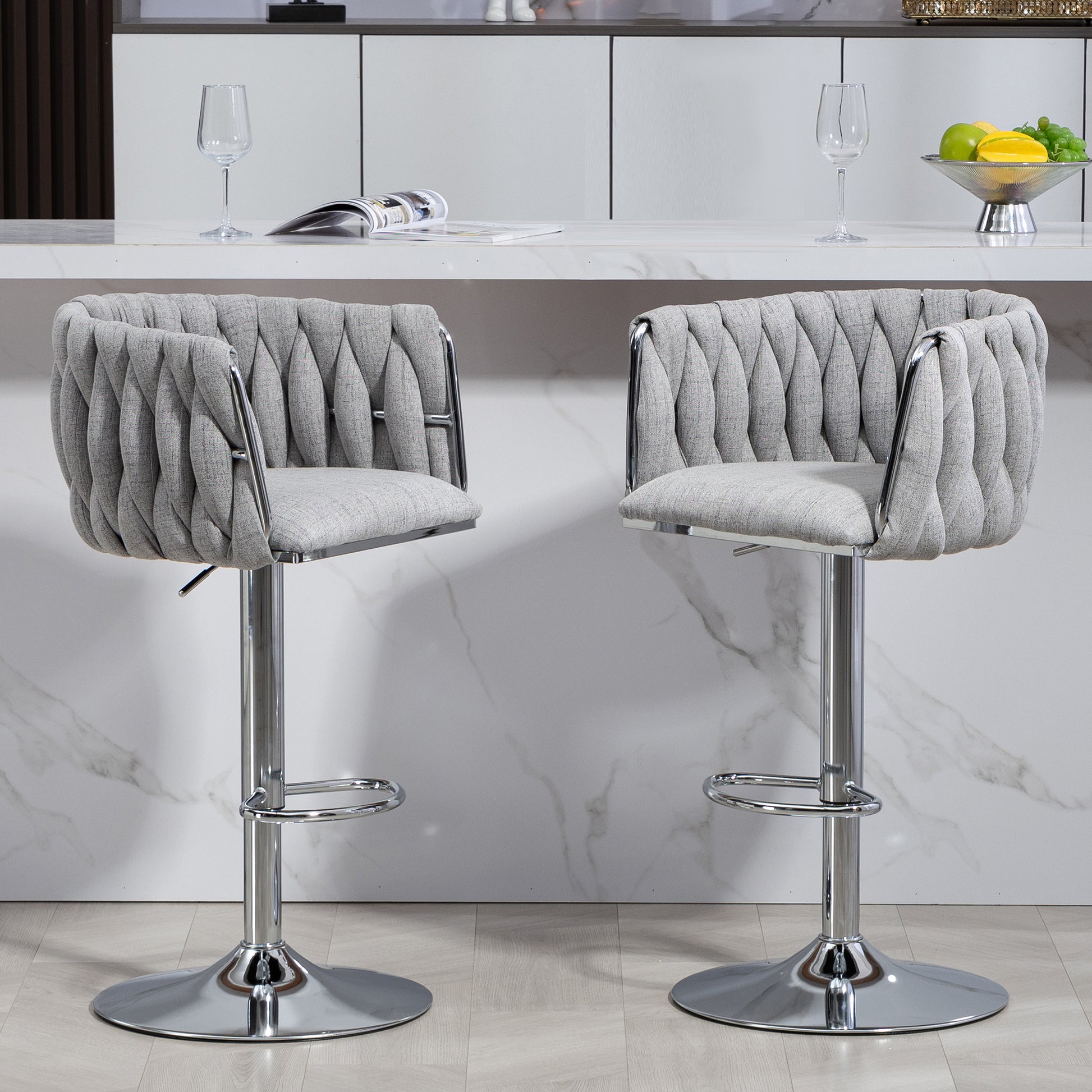 360 Fabric Cover Swivel Bar Stools Set Of 2, Adjustable Counter Height Bar Chairs With Woven Back & Footrest,Silver Chromed Bar Stools For Kitchen Island, Cafe, Pub Gray Gray Kitchen Modern Foam Fabric