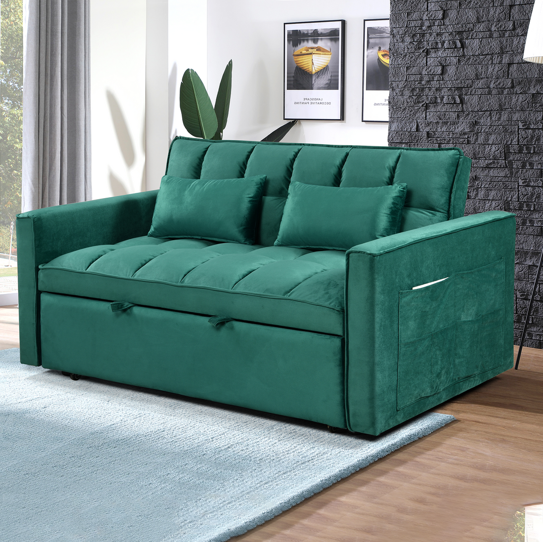 Modern Flannel Double Sofa With Folding Bed, Small Double Sofa With Three In One Convertible Sofa Bed, Adjustable Backrest And Storage Space, Including Pillows, Perfect For Living Room Or Bedroom Twin Green Solid Wood