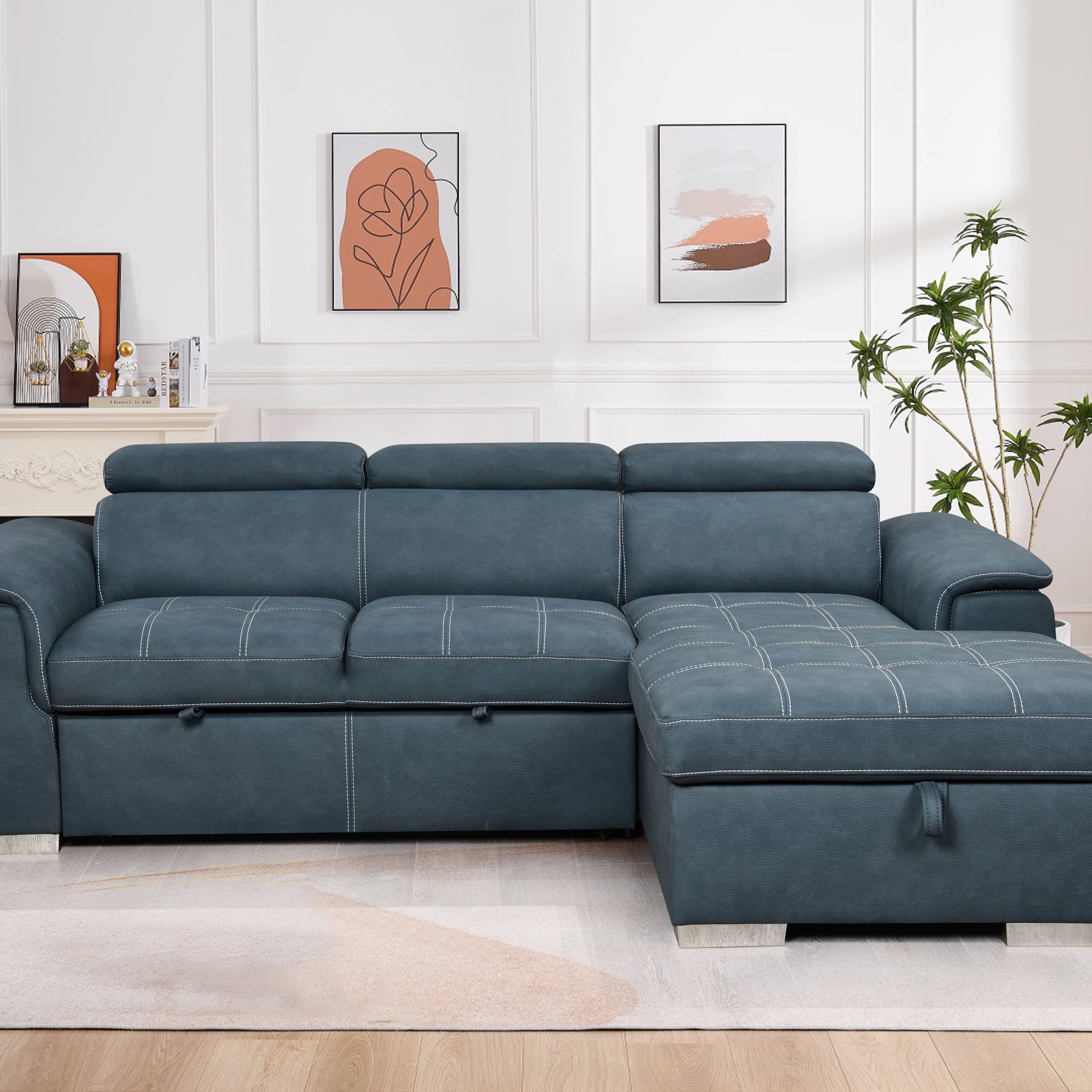 97 Inch Convertible Sectional Sofa With Storage Chaise, Adjustable Headrests, Contemporary L Shaped Sleeper Corner Sectional Sofa With A Pull Out Bed ,Blue Light Brown Wood Primary Living Space Heavy Duty Eucalyptus 3 Seat Blue Microfiber Soft Cushion