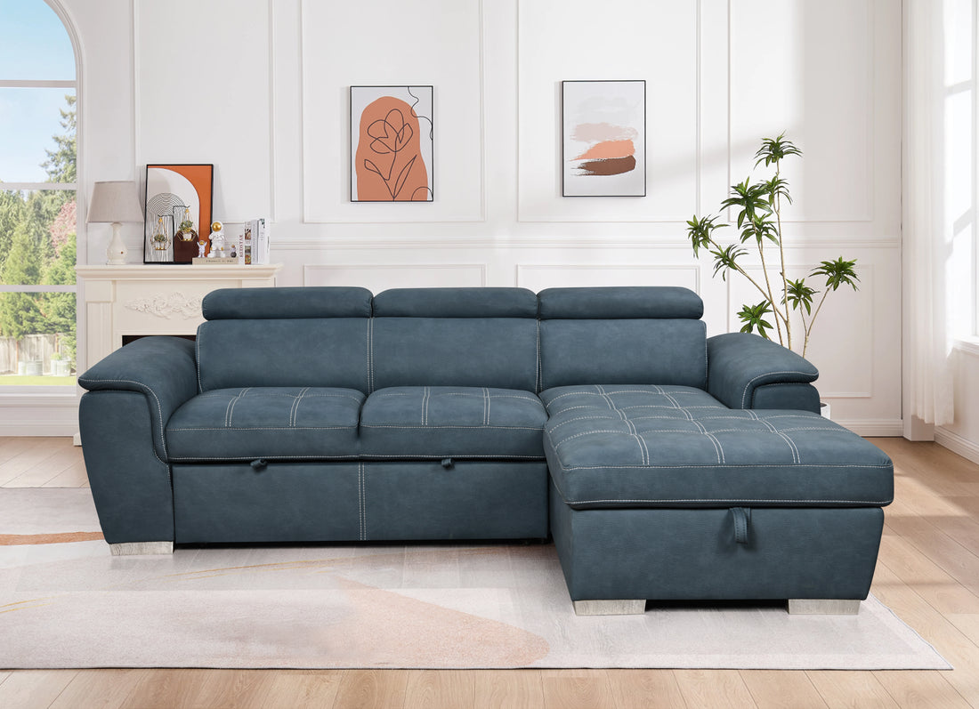 97 Inch Convertible Sectional Sofa With Storage Chaise, Adjustable Headrests, Contemporary L Shaped Sleeper Corner Sectional Sofa With A Pull Out Bed ,Blue Light Brown Wood Primary Living Space Heavy Duty Eucalyptus 3 Seat Blue Microfiber Soft Cushion