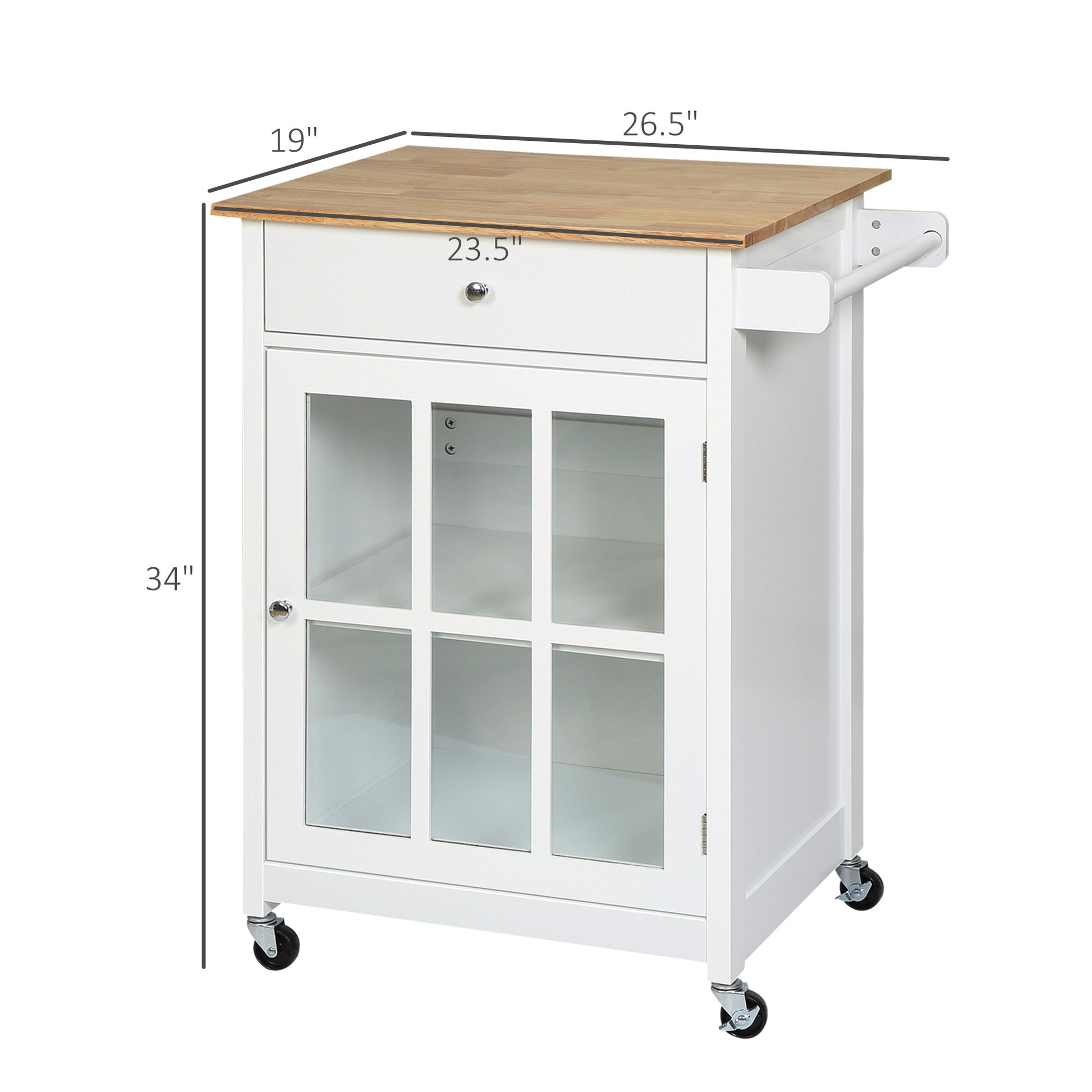 Homcom 27" Rolling Kitchen Island Cart With Drawer And Glass Door Cabinet, Kitchen Trolley With Adjustable Shelf And Towel Rack, White White Rubber Wood