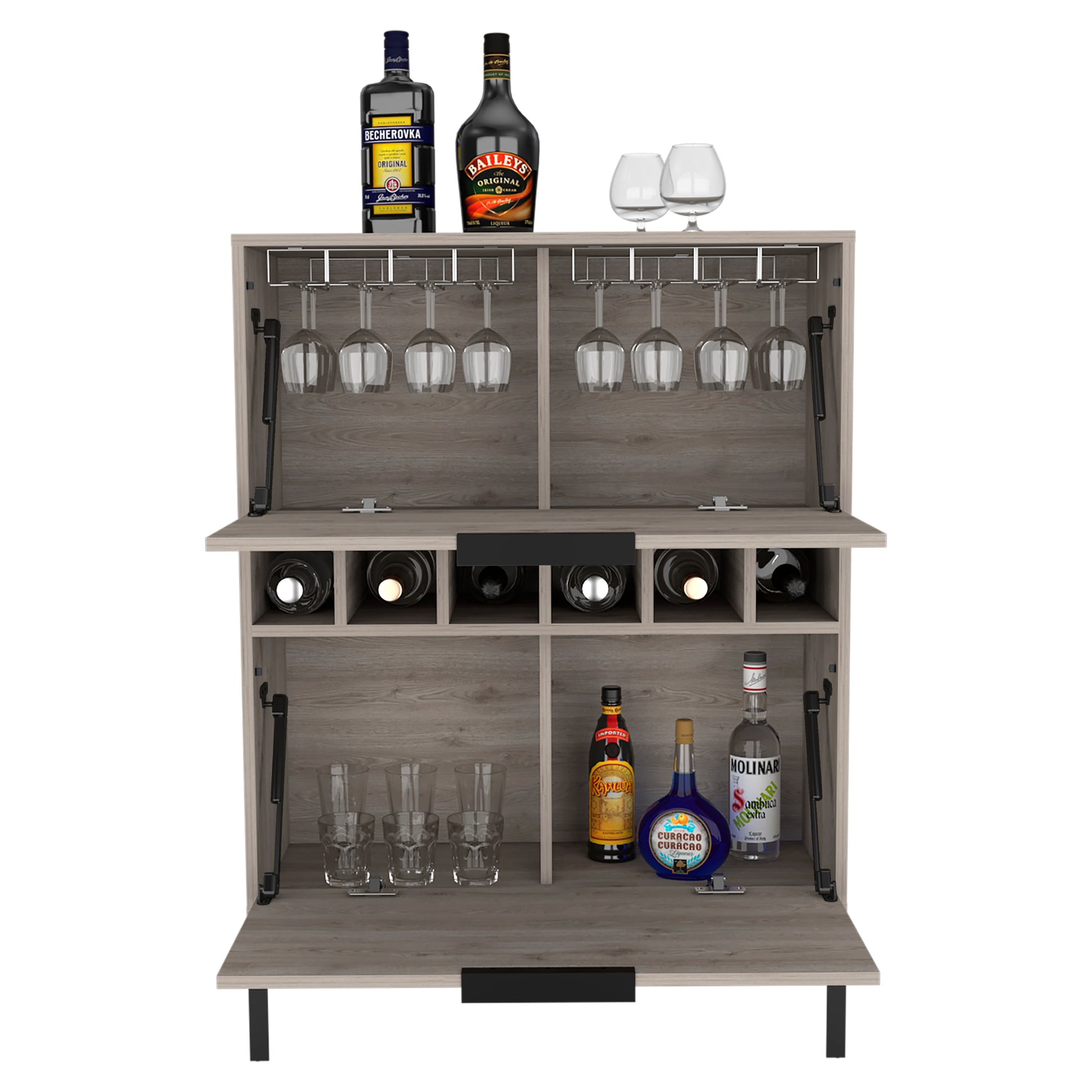 Rowan Bar Cabinet, Six Built In Wine Rack, Double Door Cabinet Light Gray Particle Board Engineered Wood