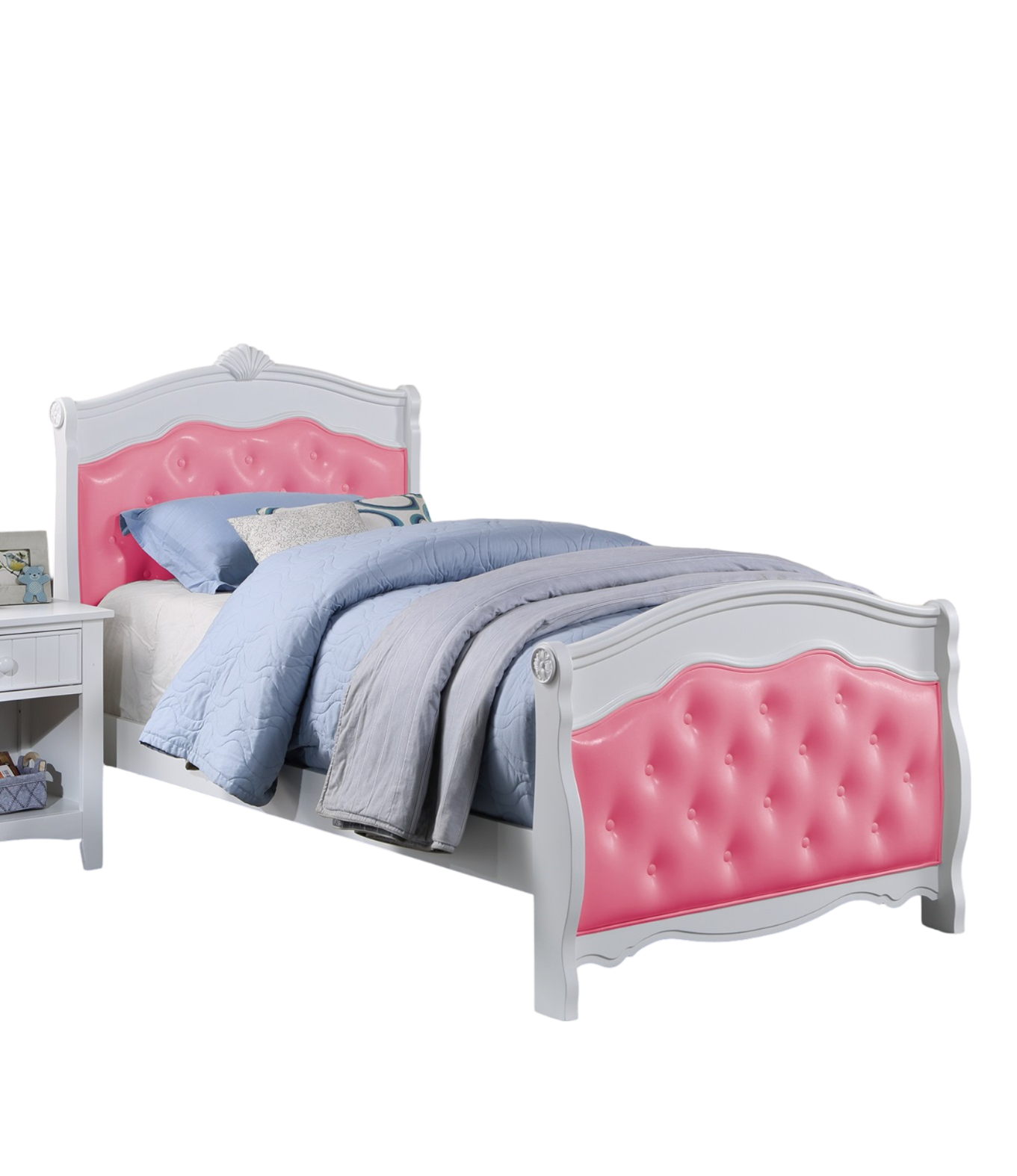 White Twin Size Bed Youth Bedroom Furniture Pink Faux Leather Headboard Footboard Plywood 1Pc Bedframe Box Spring Required Twin Pink White Wood Bedroom Classic,Traditional Pine Bed Frame Faux Leather Plywood