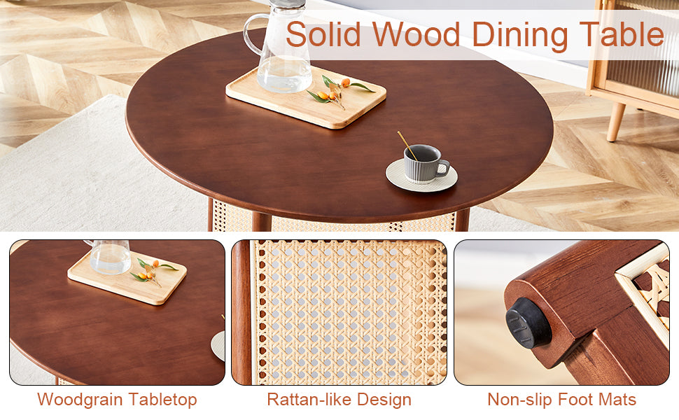 Chinese Countryside Retro Solid Wood Round Table, Simple Modern Imitation Rattan Table, Wooden Table, Desk. Suitable For Dining Room, Living Room, Office Walnut Rubber Wood