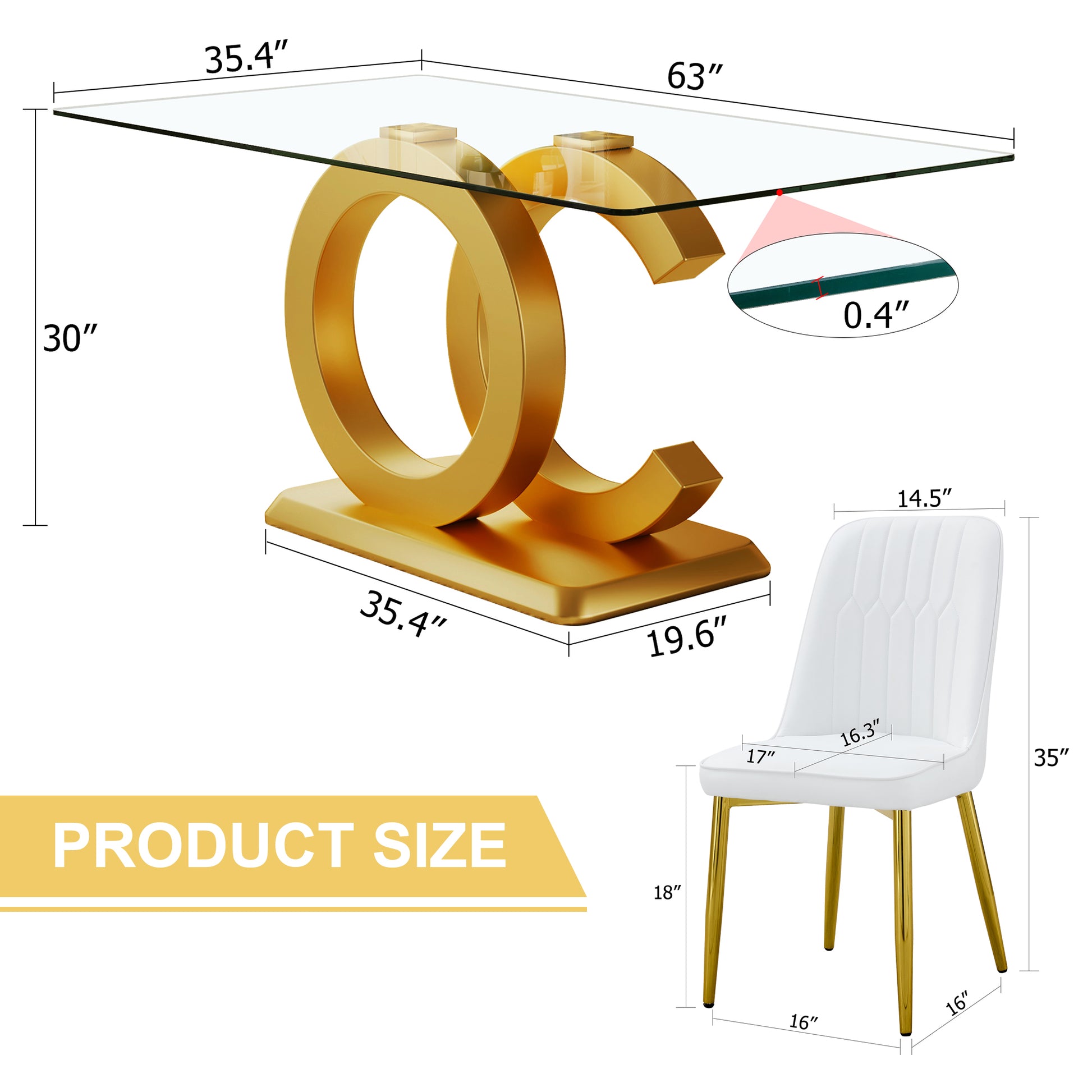 Table And Chair Set.63"W X 35.4"D X 30"H Clear Tempered Glass Desk And Chair Set With 4 White Pu Chairs With Gold Metal Legs.Bring A Comfortable Home Experience To The Kitchen, Bedroom, And Office.