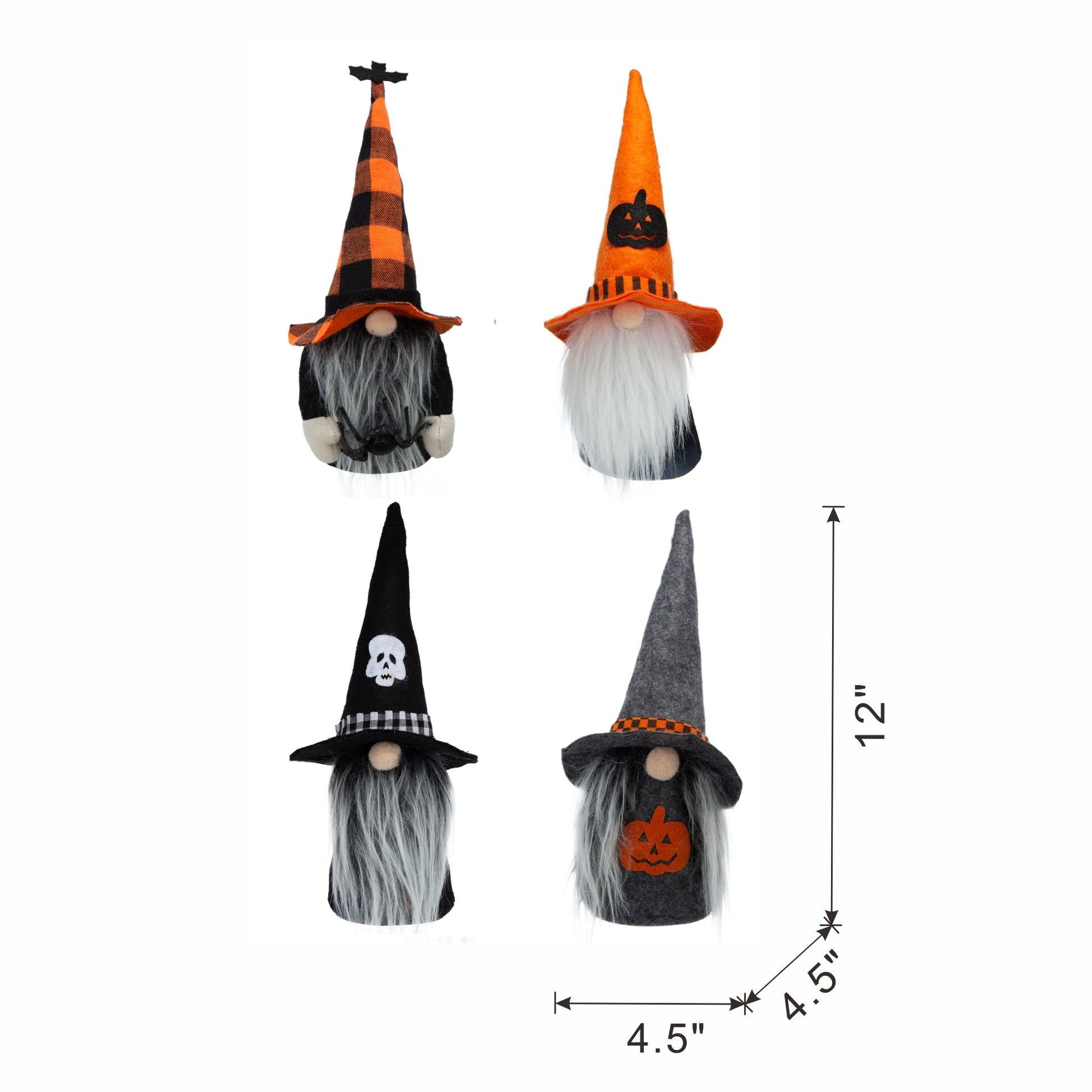 Set Of 4, 12"H Halloween Gnome Decor, Black Orange Gray Black,Gray,Orange Polyester