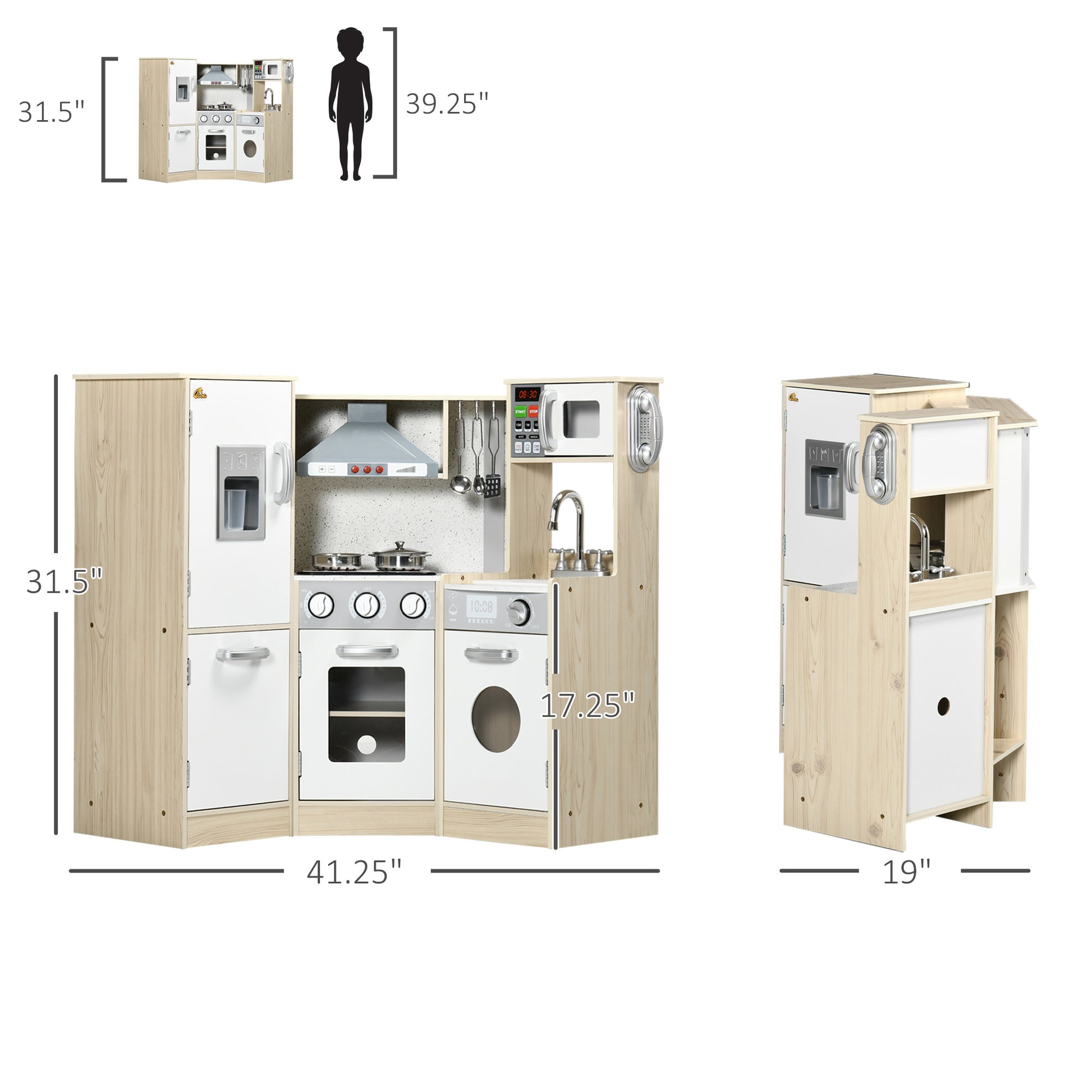 Qaba Ultra Big Corner Kids Kitchen Playset With Sound Effects, Wooden Play Kitchen With Stainless Steel Cooking Toys, Imaginative Pretend Toy For Ages 3 6 With Phone, Ice Maker White Mdf