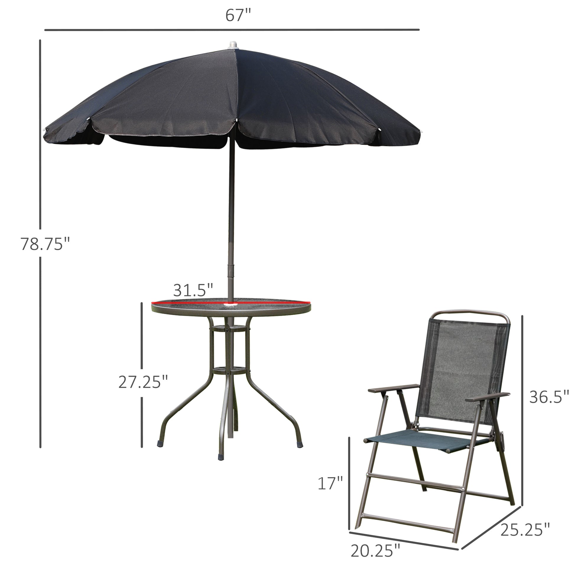 Outsunny 6 Piece Patio Dining Set For 4 With Umbrella, Outdoor Table And Chairs With 4 Folding Dining Chairs & Round Glass Table For Garden, Backyard And Poolside, Black Black Steel