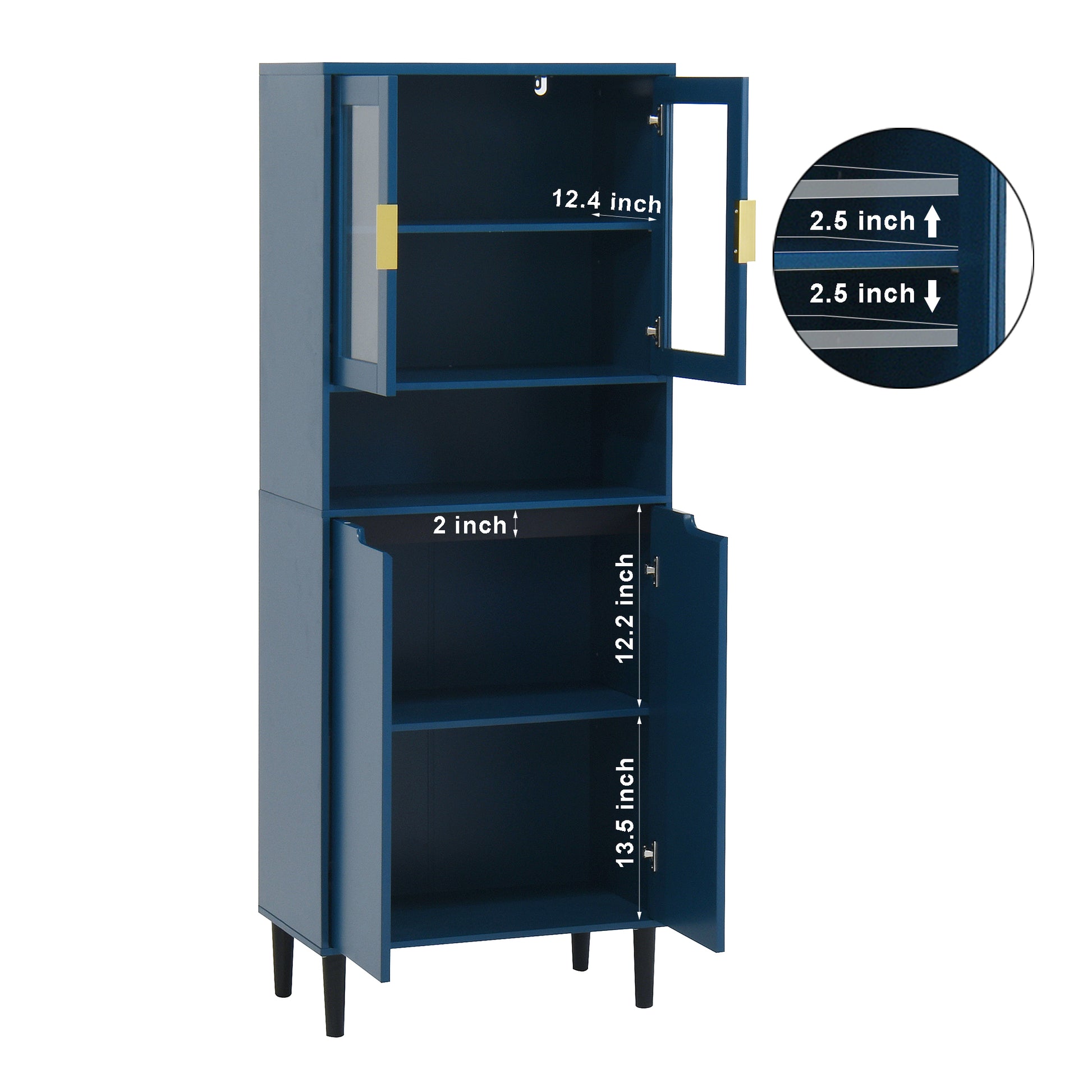 Tall Storage Show Cabinet With 2 Glass Display Door & 2 Doors, Tall Kitchen Pantry Cabinet With Gold Handles, Modern Cabinet Freestanding For Bathroom, Dining Living Room, Blue Blue Mdf