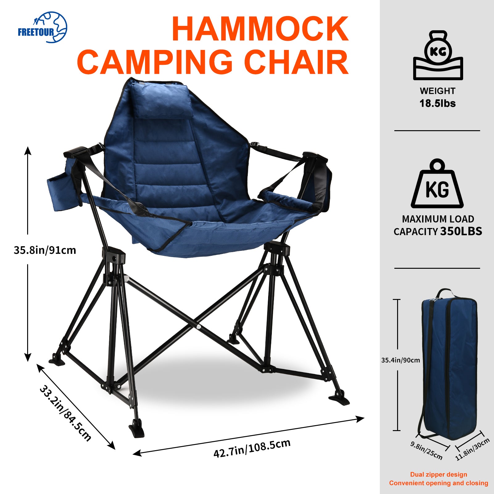 Hammock Camping Chair Folding 350 Lbs Foldable Portable Rocking Chairs For Adults Outside Swinging Camp With Stand Lawn Garden Hanging Outdoor Dark Blue Iron