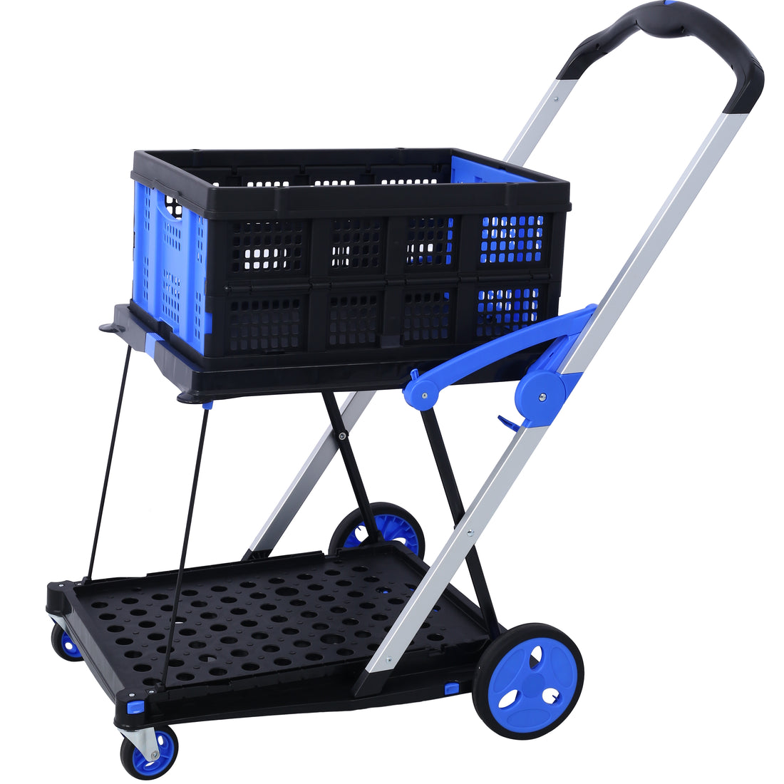 Collapsible Utility Cart Multi Use Functional Collapsible Shopping Carts 2 Tier Collapsible Shopping Cart With Baskets Carrito Para Supermercado Con Ruedas Blue Blue Aluminium
