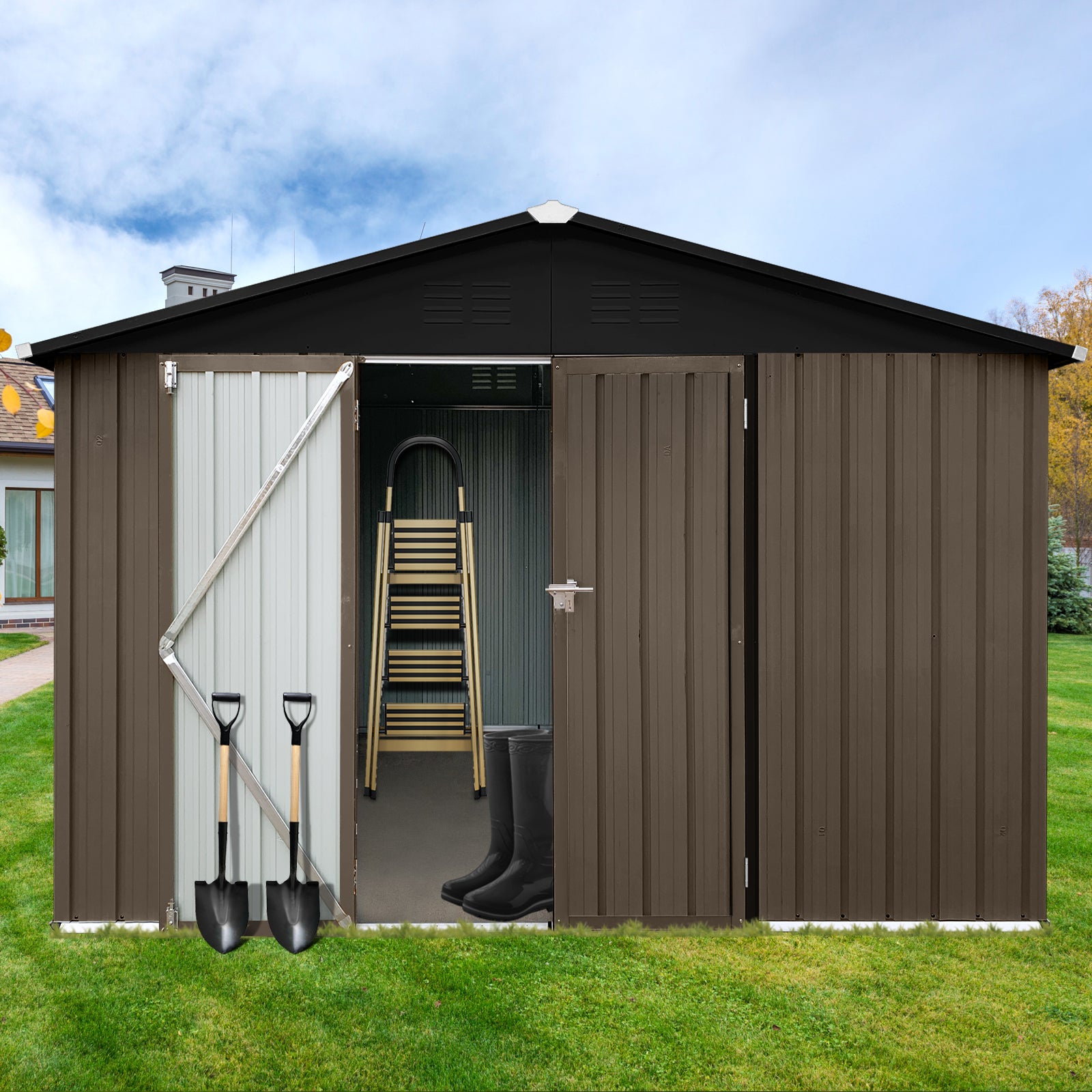 Metal Garden Sheds 10Ftx12Ft Outdoor Brown Black Black Brown Metal
