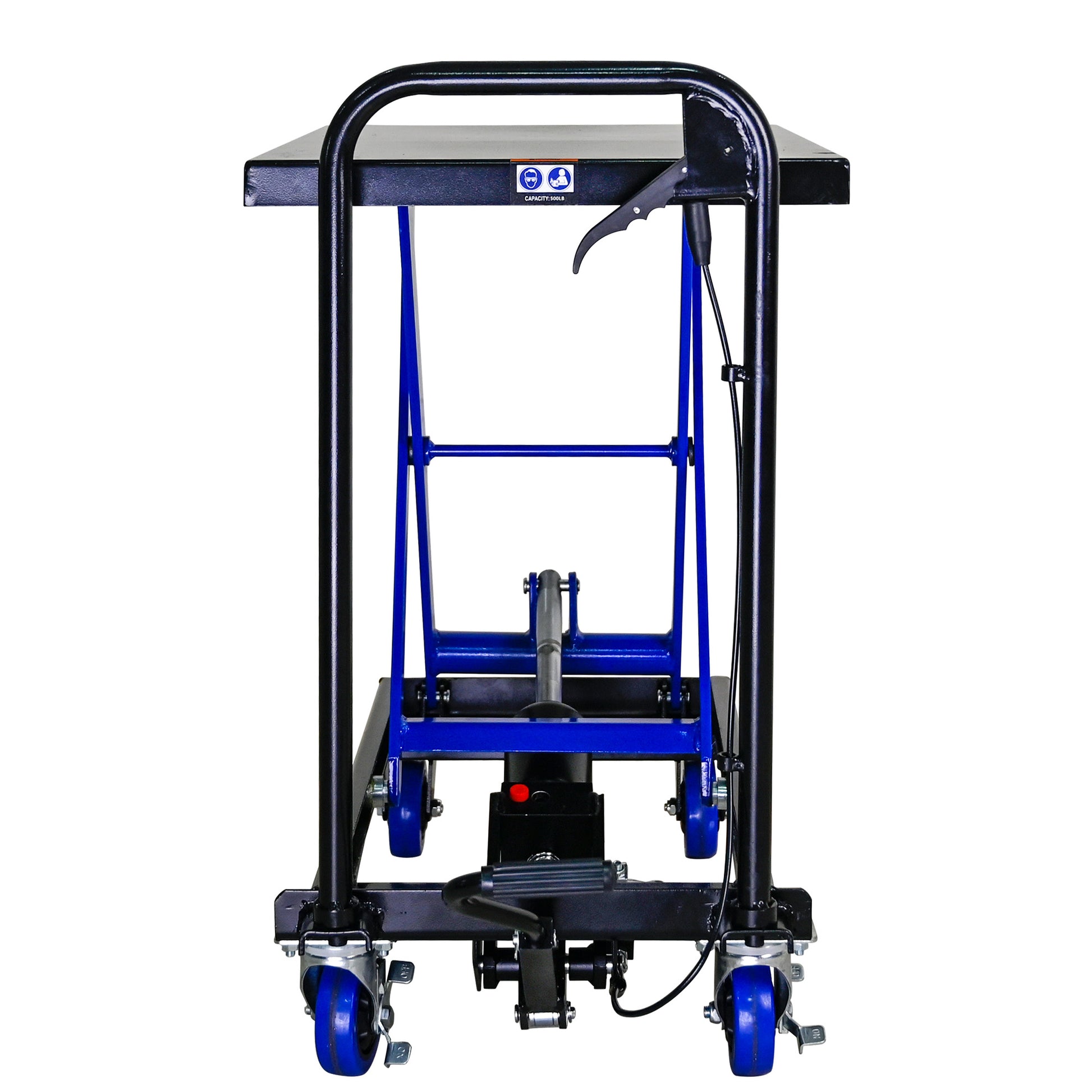 Hydraulic Lift Trolley, 500 Lbs Capacity, With 4 Wheels, For Material Handling And Transportation, Black Blue Black Blue Steel
