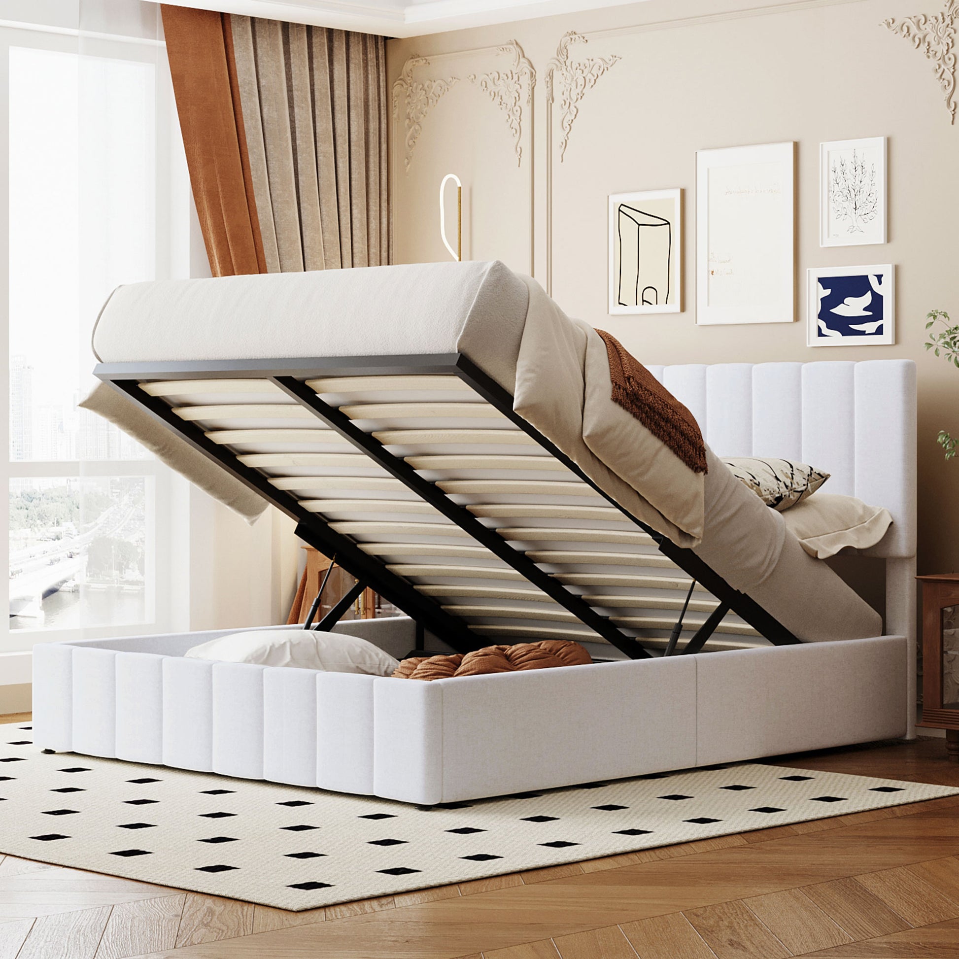 Queen Size Upholstered Platform Bed With A Hydraulic Storage System White Old Sku: Lp000211Aak White Upholstered