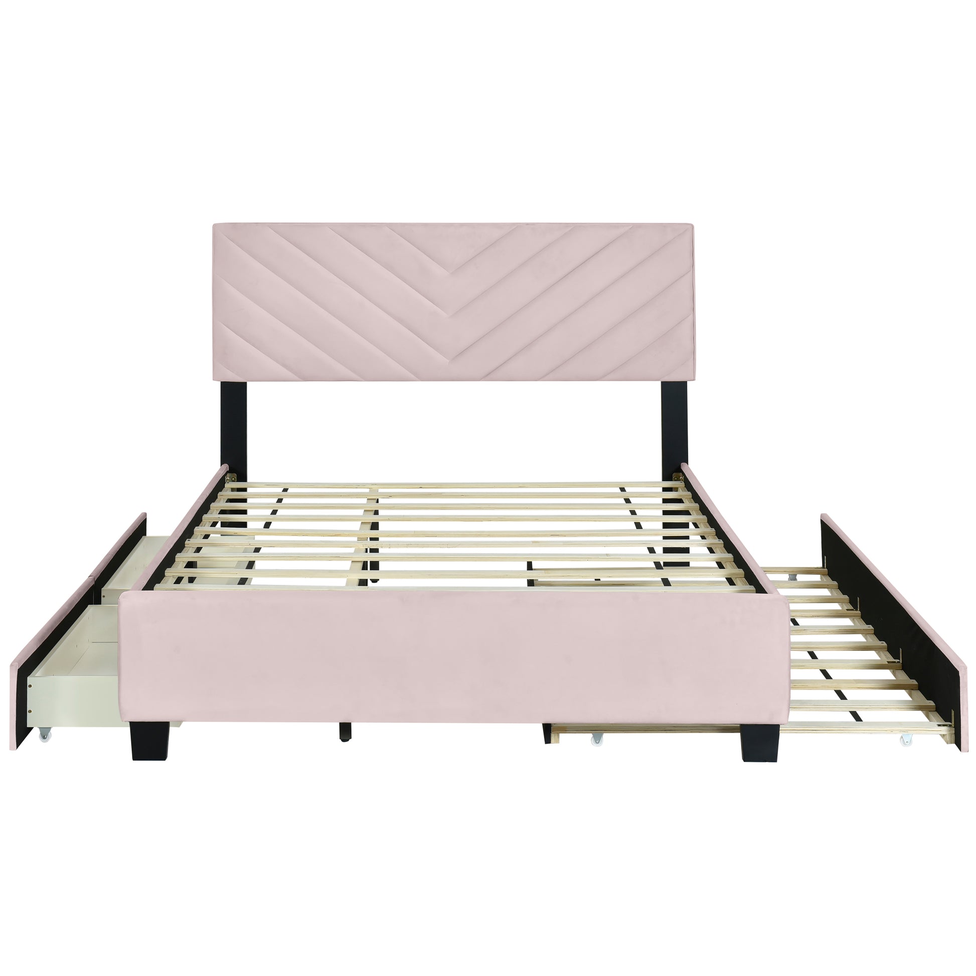 Queen Size Upholstered Platform Bed With Twill Headboard, Pullout Bed And Two Drawers, Flannel,Pink Queen Pink Mdf Lvl