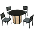 5 Piece Rattan Round Dining Table Set, Wood Table With Hexagonal Base And Upholstered Chairs For Dining Room, Kitchen,Indoor Use, Black Gray Wood Dining Room Solid Wood Rubberwood Round Dining Table With Chair Wood Wood Black Seats 4 Traditional Round