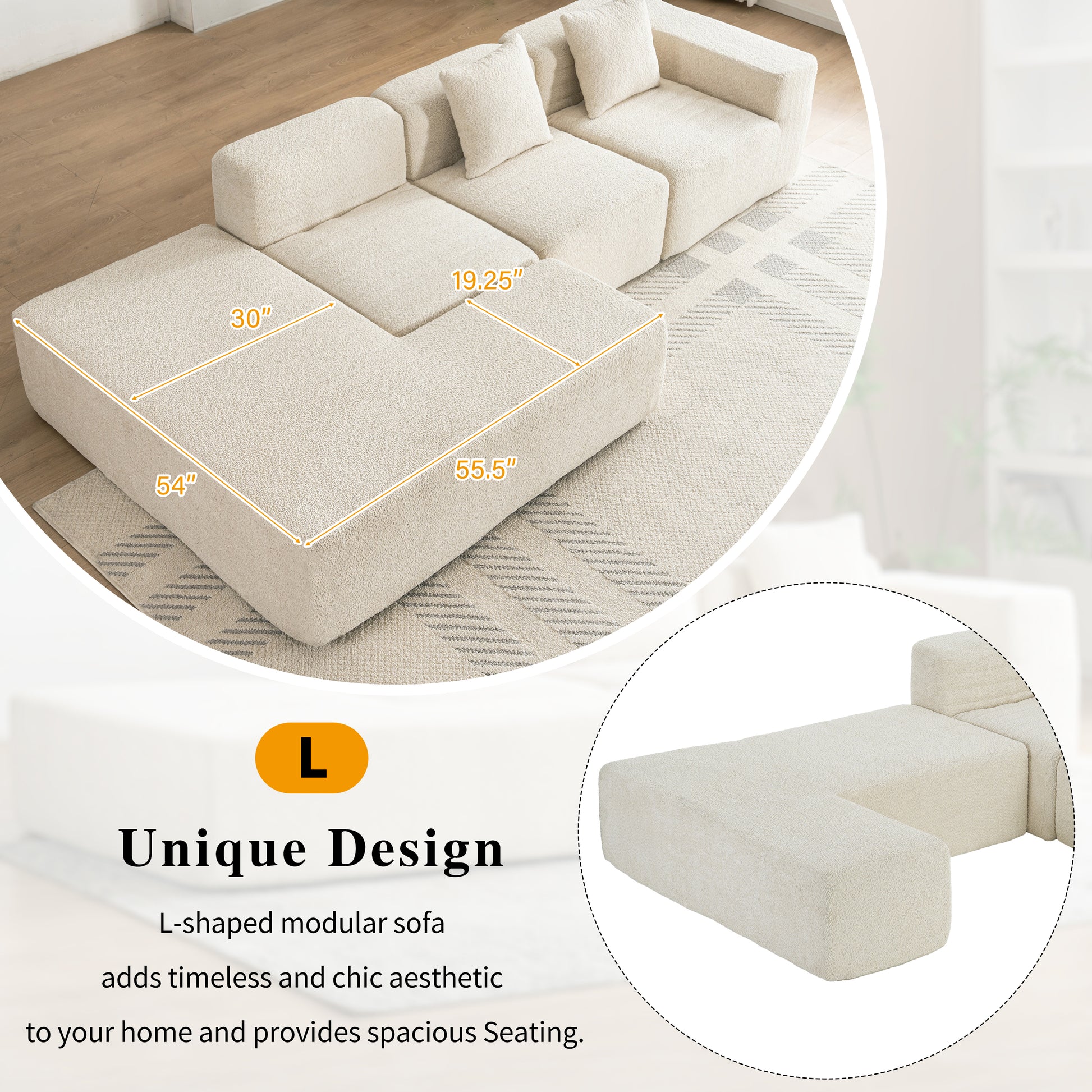 116.5" Sectional Sofa Full Compressed Sofa Couch Free Combined Sofa For Living Room, Beige Beige Foam Polyester 4 Seat