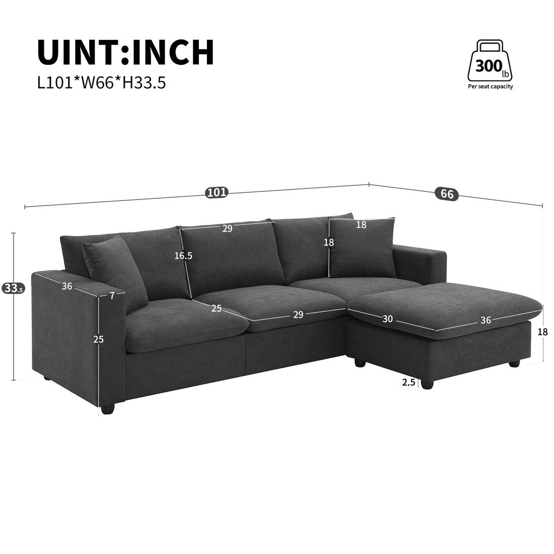 100.4*64.6" Modern Sectional Sofa,L Shaped Couch Set With 2 Free Pillows,4 Seat Polyester Fabric Couch Set With Convertible Ottoman For Living Room, Apartment, Office,4 Colors Dawn Grey Polyester 3 Seat