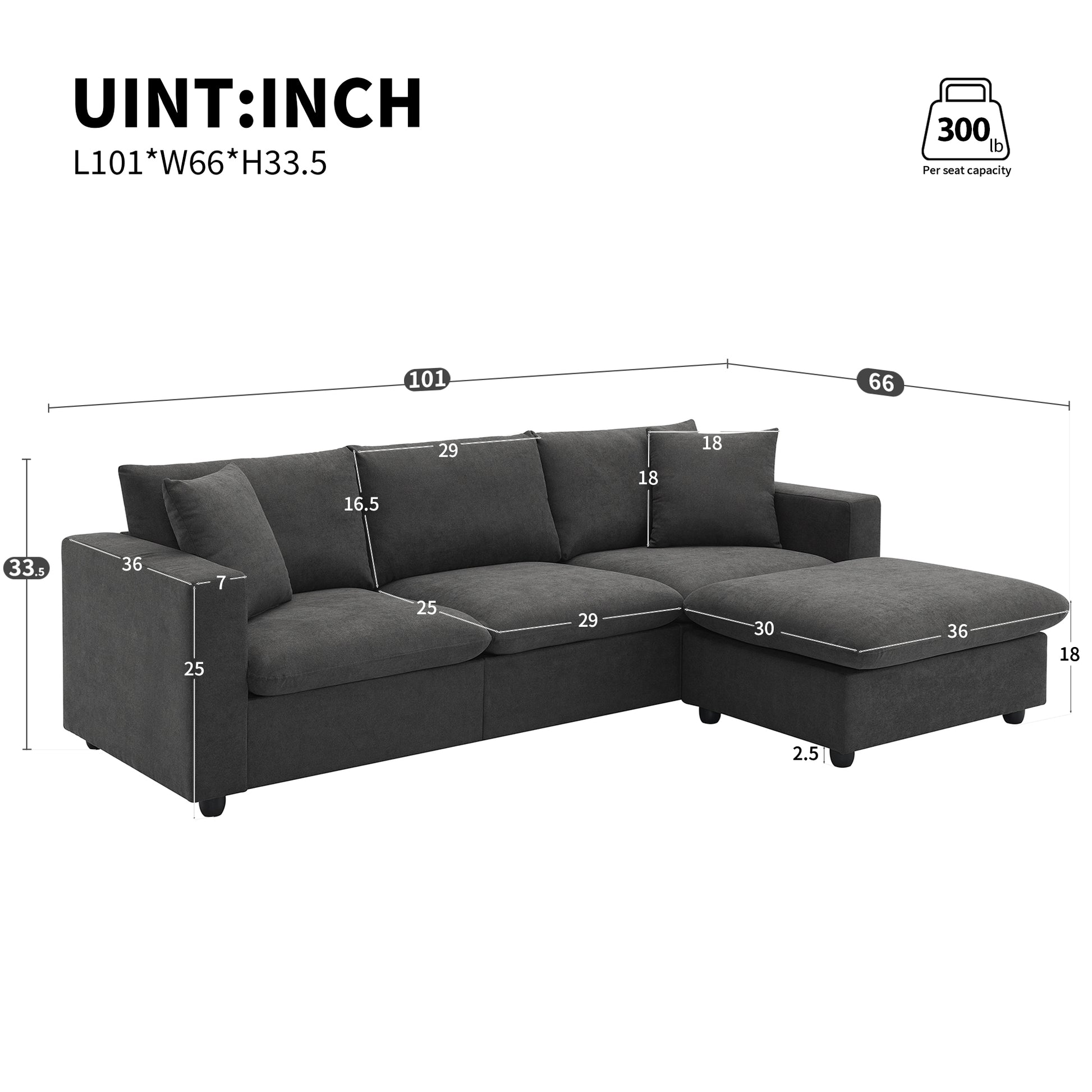 100.4*64.6" Modern Sectional Sofa,L Shaped Couch Set With 2 Free Pillows,4 Seat Polyester Fabric Couch Set With Convertible Ottoman For Living Room, Apartment, Office,4 Colors Dawn Grey Polyester 3 Seat