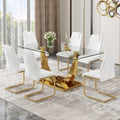 Table And Chair Set.Modern Rectangular Dining Table With Transparent Tempered Glass Tabletop And Gold Plated Metal Legs.Paried With 6 Comfortable Chairs With Pu Seats And Golden Metal Legs. Transparent,White Gold Seats 6 Glass Metal