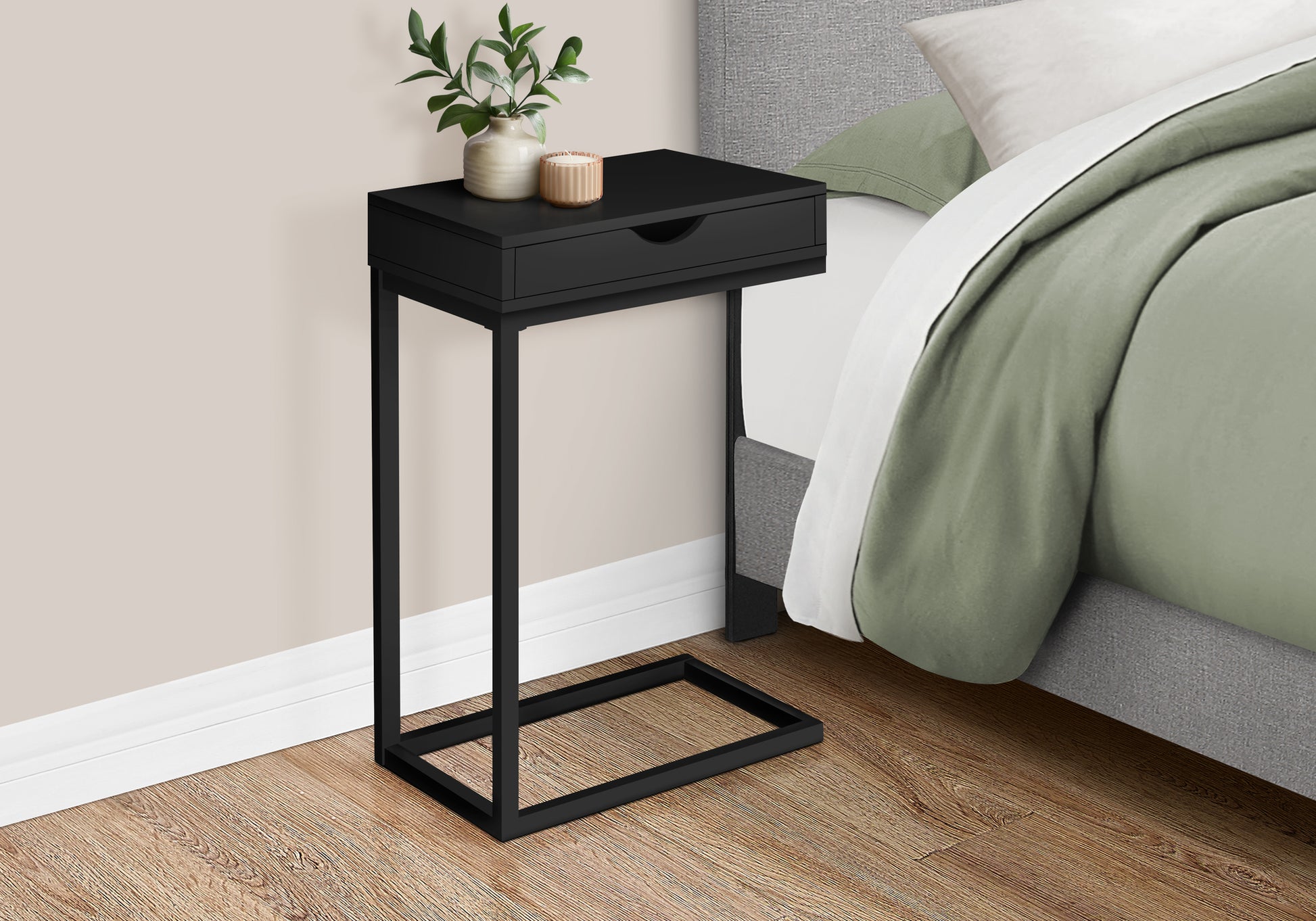 Accent Table, C Shaped, End, Side, Snack, Storage Drawer, Living Room, Bedroom, Black Laminate, Black Metal, Contemporary, Modern Black Metal