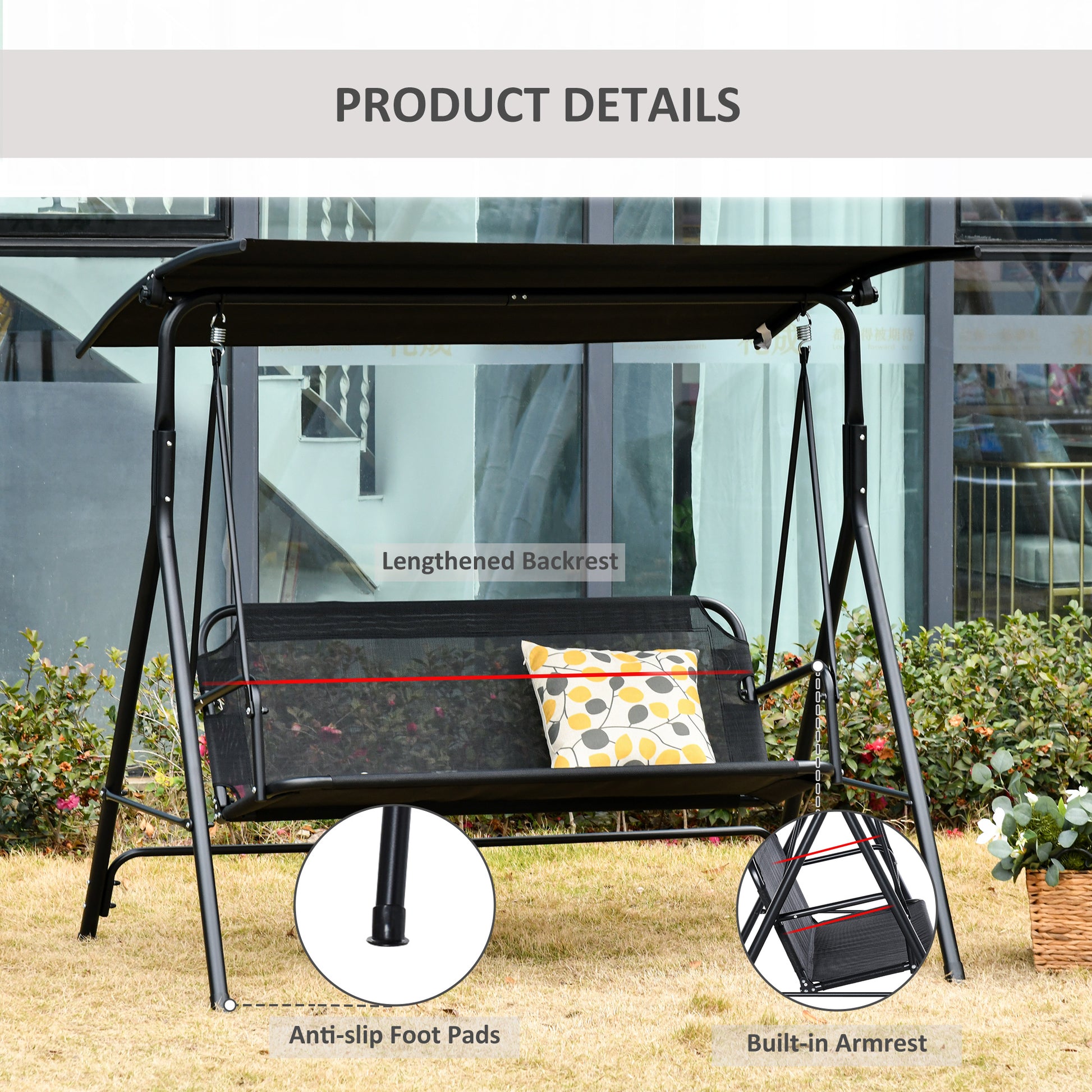 Outsunny Patio Swing Chair With Canopy, Seats 2 Adults Loveseat Bench With Adjustable Tilt Canopy, Armrests, A Frame Steel,Mesh For Backyard, Garden, Black Black Metal