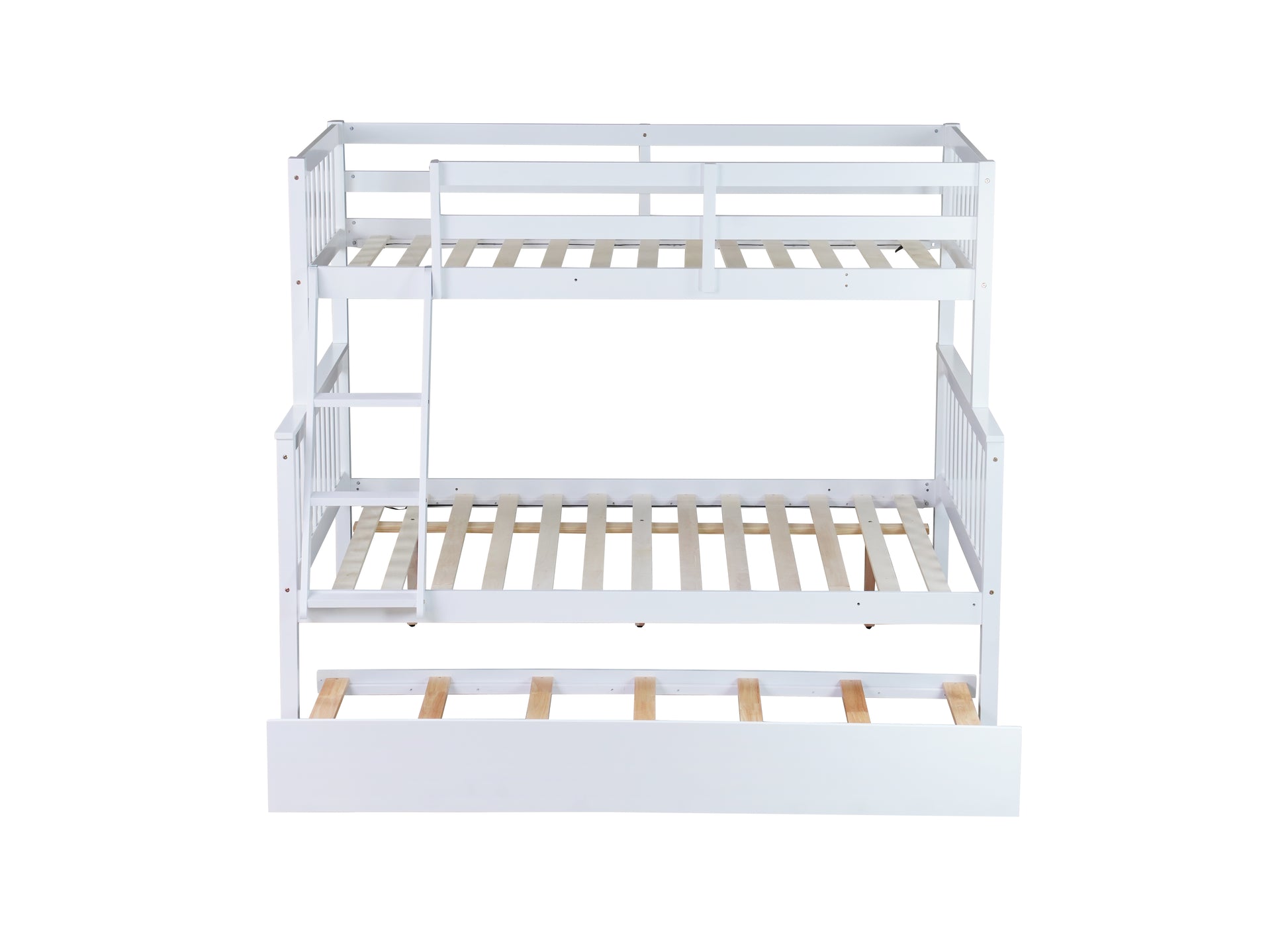 Twin Over Full Rubber Wood Bunk Bed With Trundle, Convertible Ladder And Guardrail, Detachable, Convertible Bed, With Twin Size Trundle ,White Twin White Rubber Wood