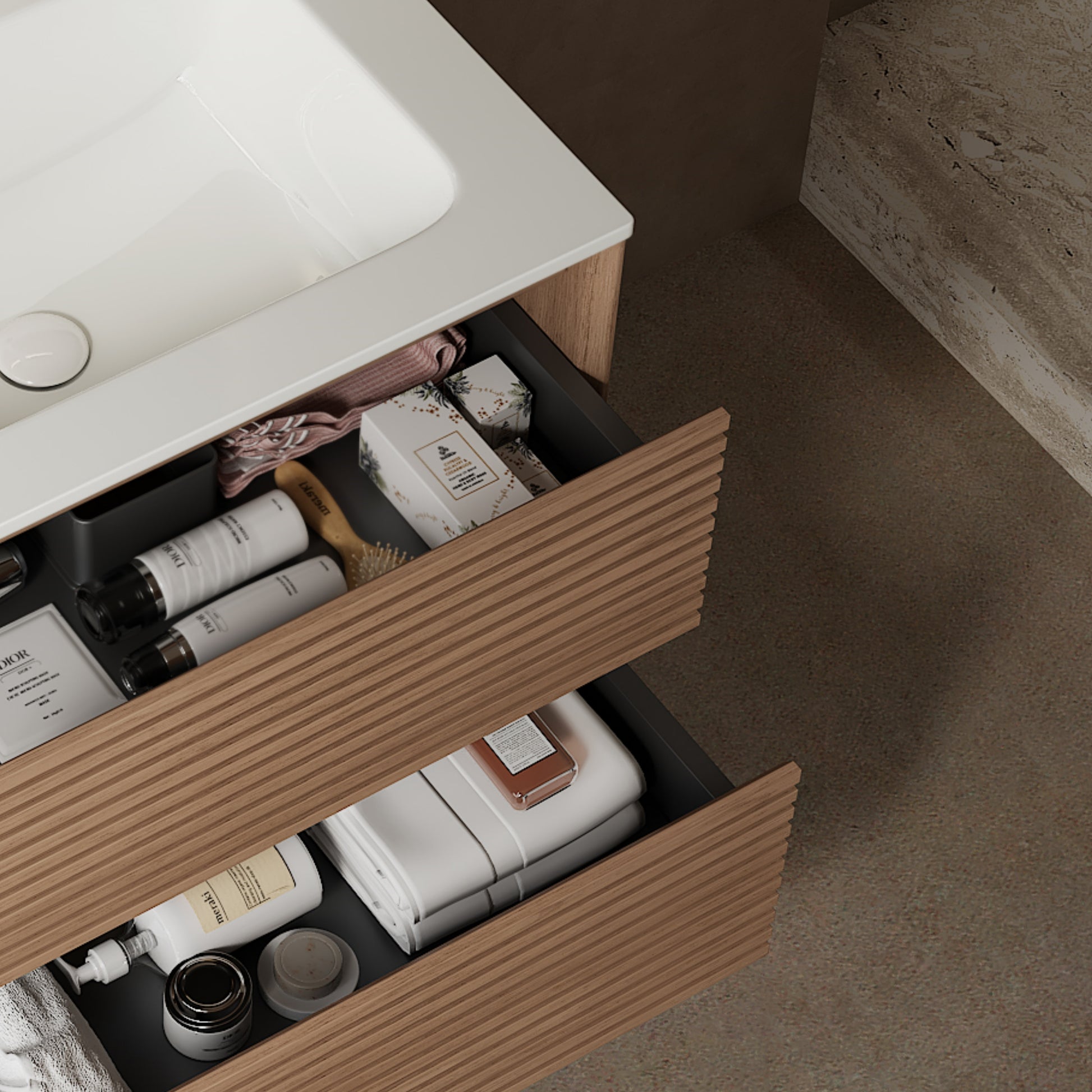 Bron 36" Bathroom Vanity With Sink, Modern Wall Mounted Floating Plywood Bathroom Storage Cabinet With 2 Drawers, White Ceramic Basin With Sink Hole Cover And Drain, Natural Walnut White Natural