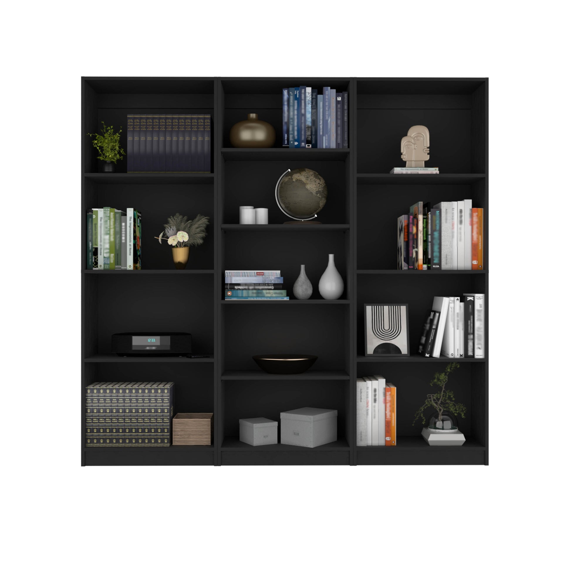 Lainor 3 Piece Home Bookcase Set, 74" Wide With 13 Shelvesliving Room Set Set Black Freestanding Black Office Open Storage Space Modern Particle Board