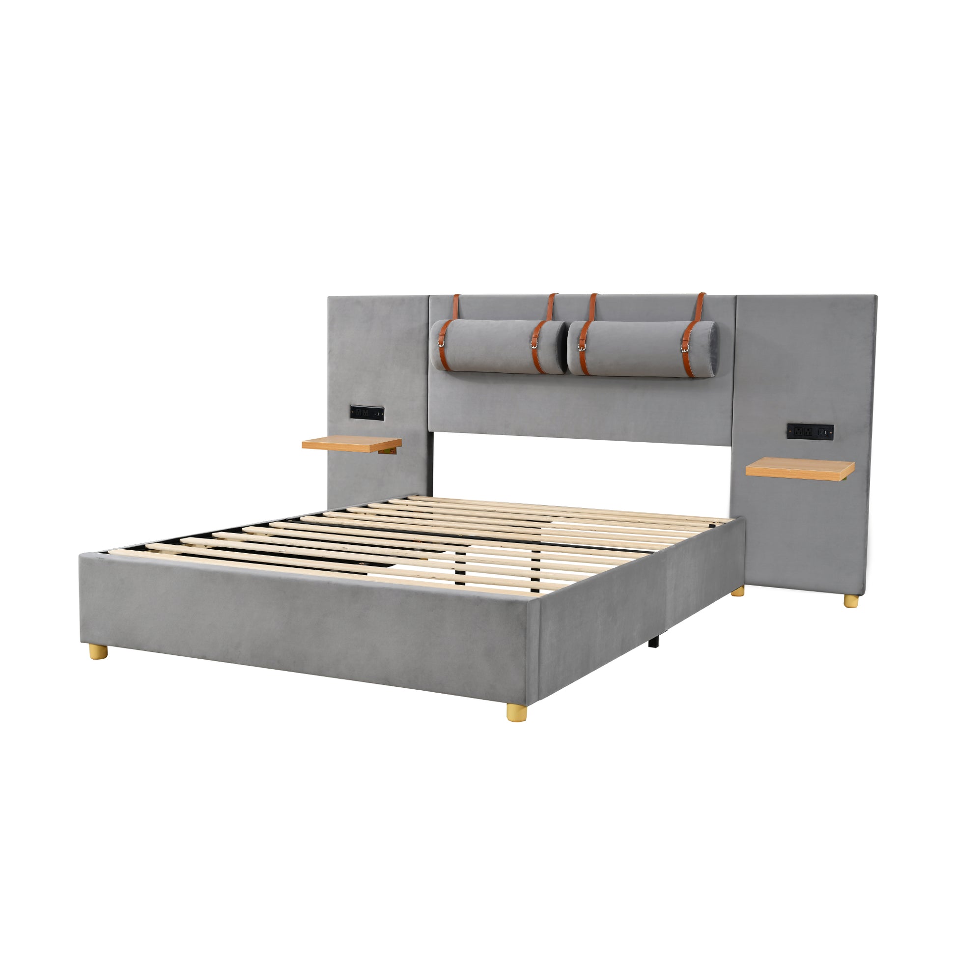 Full Size Upholstered Platform Bed With Two Outlets And Usb Charging Ports On Both Sides, Two Bedside Pillows, Storage Shelf, Velvet,Gray Full Gray Mdf Lvl