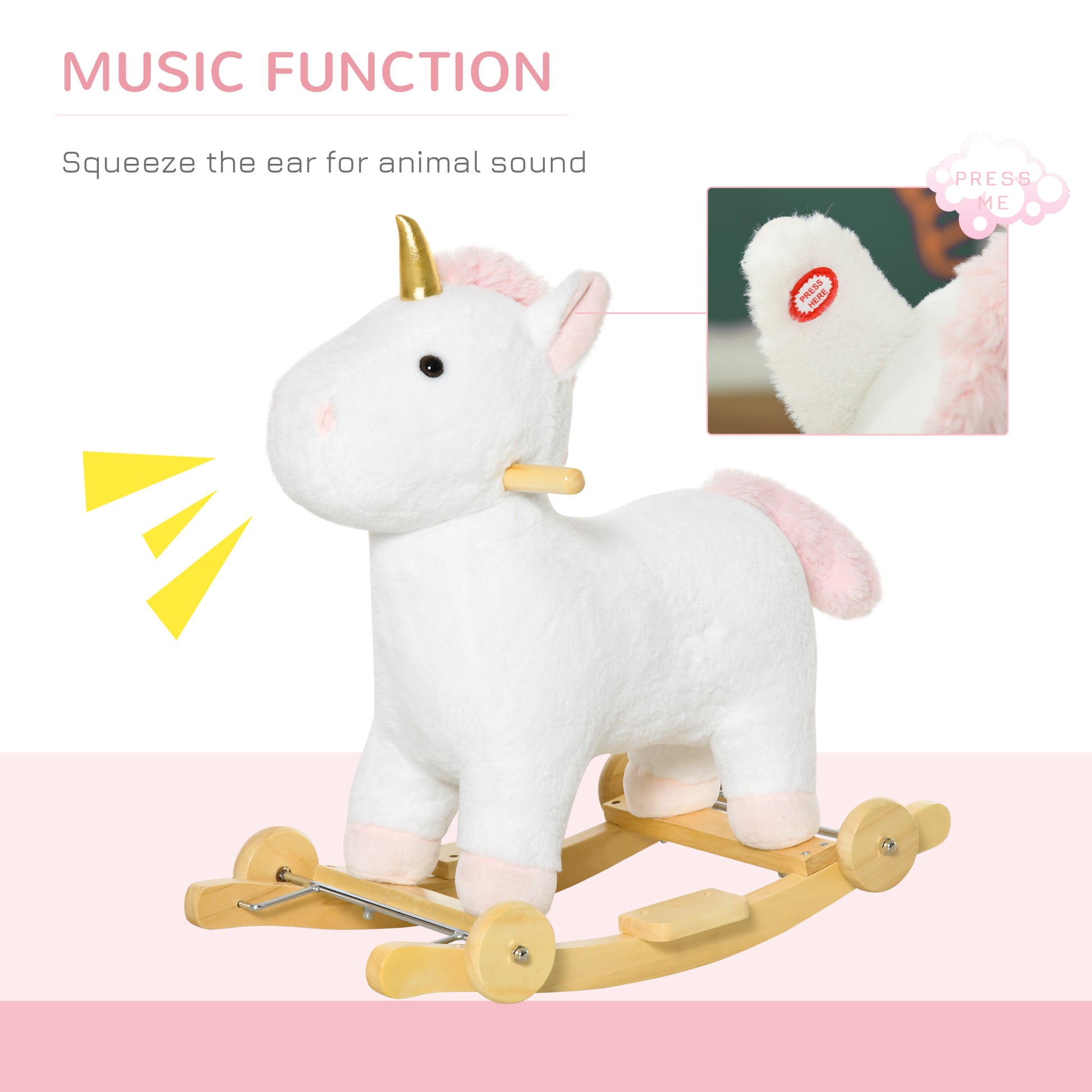 Qaba Rocking Horse, 2 In 1 Kids Ride On Horse, Rolling Unicorn Animal Rocker With Sound, Wooden Base, Pedal, Grip Handle, Plush Riding Pony For 3 6 Years Old, White White Plush