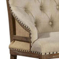 28 Inch Dining Chair, Button Tufted Backrest, Trim, Beige Linen Beige Brown Wood Fabric