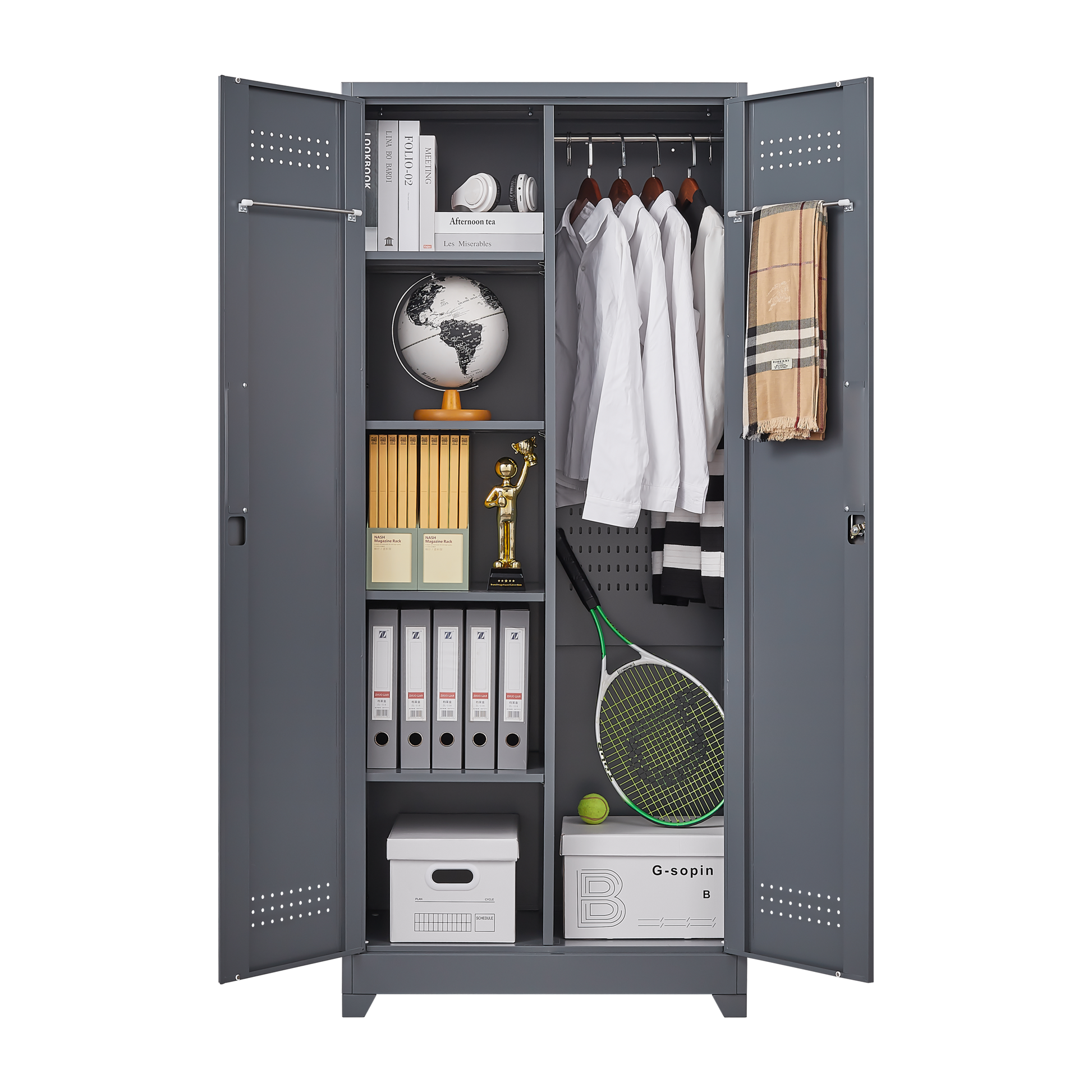 Metal Storage Cabinets, Cleaning Tool Cabinet With Locking Door, Tall Broom Tool Organizer And Storage, Large Storage Cabinet For Kitchen, Pantry, Office, Shop 3 4 Shelves Grey Door Locks Modern Metal