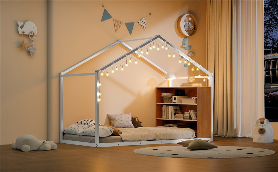 Twin Size Metal Bed House Bed Frame With Shelves And Lights, White Twin White Metal & Wood