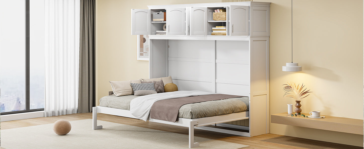 Full Size Murphy Bed Wall Bed With Top Cabinets,White Full White Plywood