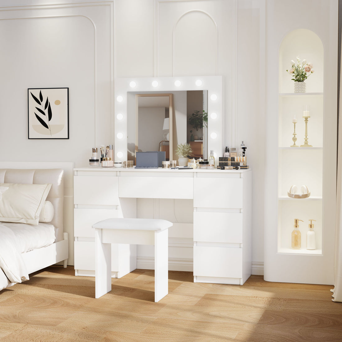 Large White Vanity Tables With Mirror And Light Matte White White Drawer 5 Drawers & Above Bedroom Extra Deep Drawers Modern 2 Or Less Poplar Mirror Included White Particle Board Mdf