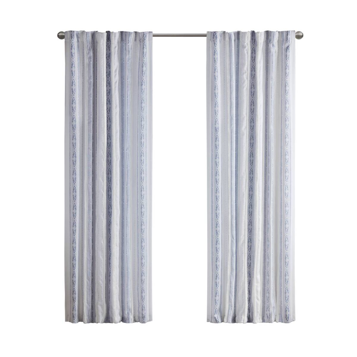 Poly Printed Curtain Panel With Tufted Stripe And Lining White Navy 50X84" Multicolor Polyester