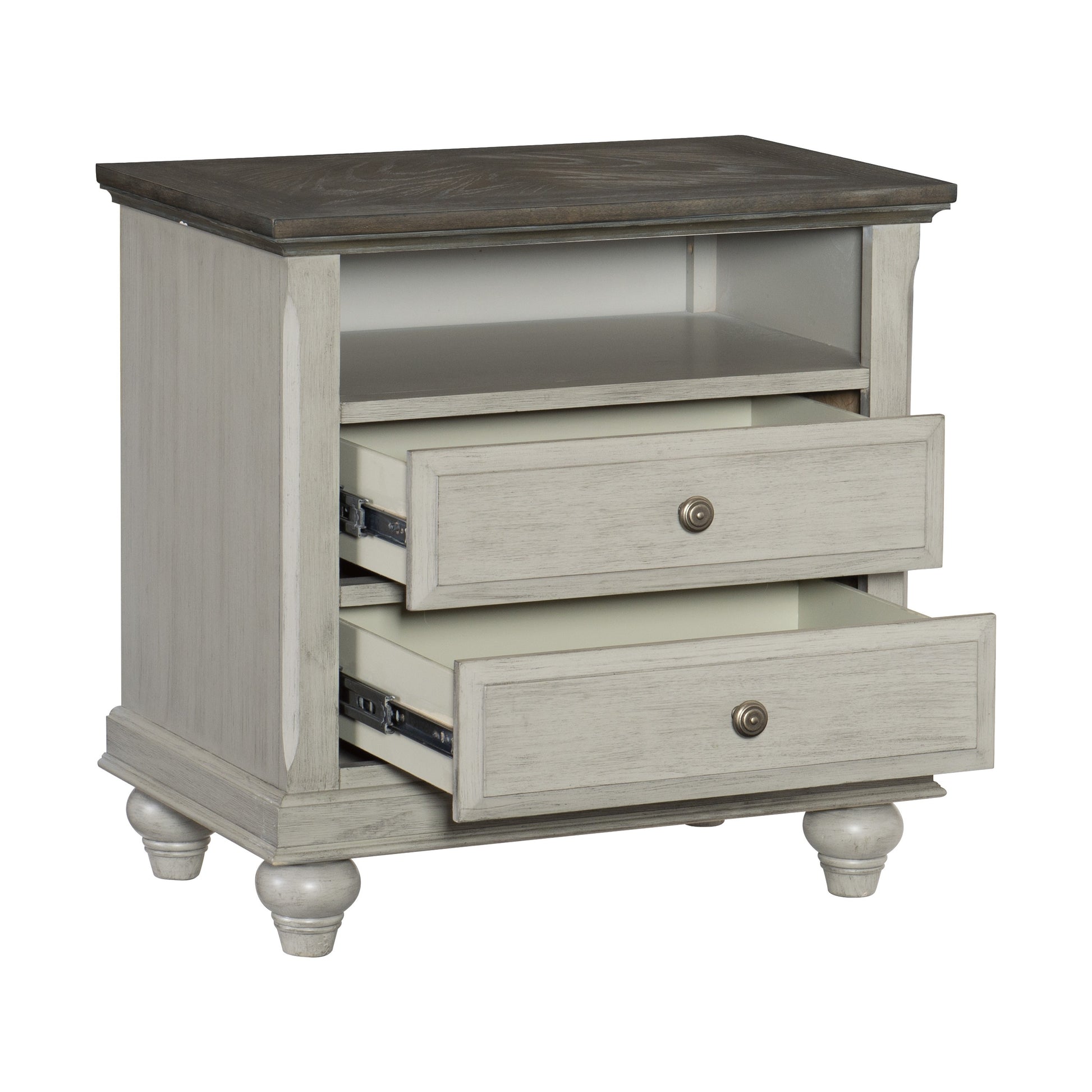 Classic Light Gray Finish 1Pc Nightstand With 2X Drawers And Storage Cubby Dark Brown Top Modern Farmhouse Design Bedroom Furniture Side Table Brown Light Gray 2 Drawers Bedside Cabinet Bedroom Classic,Farmhouse,Modern Shelf Wood