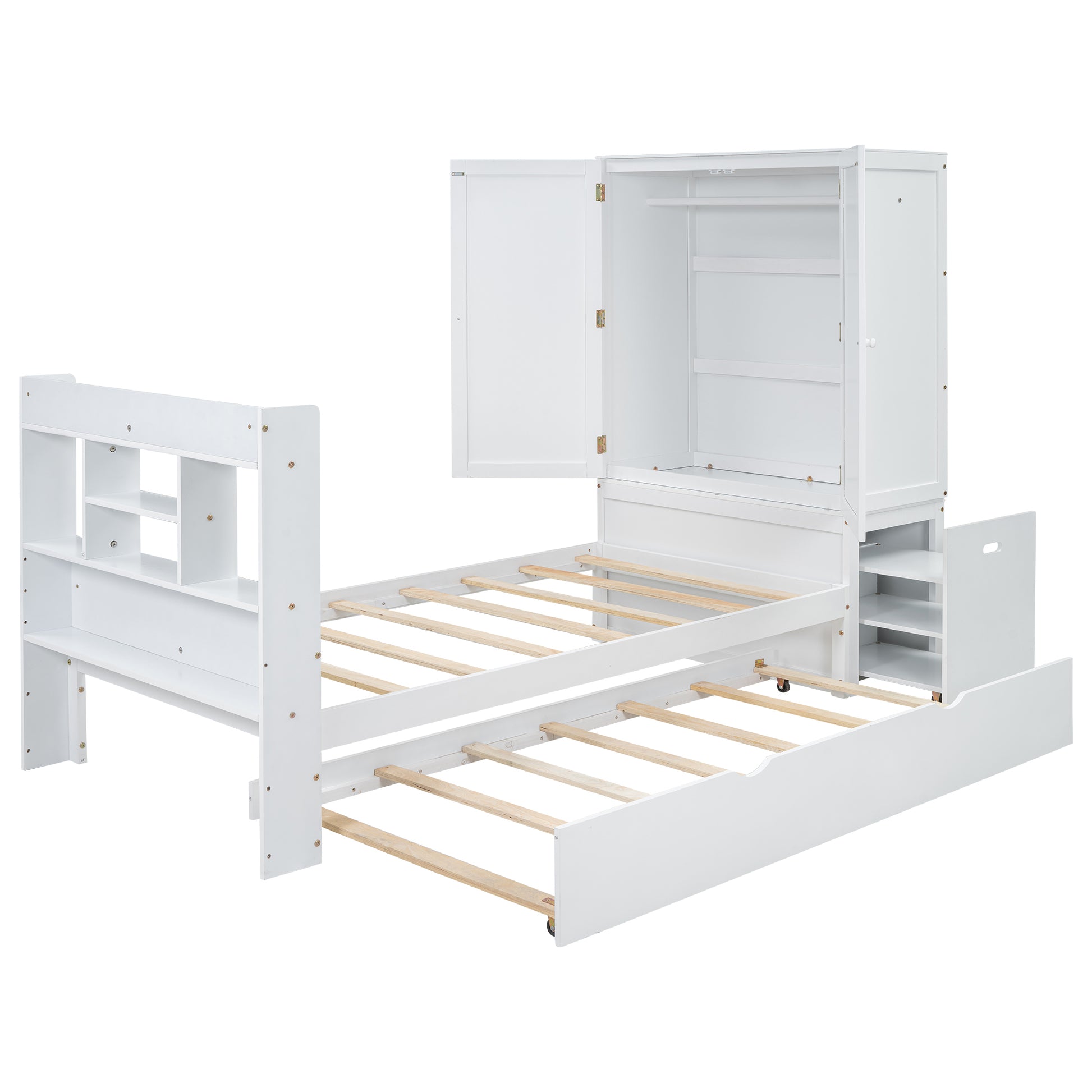 Twin Size Platform Bed With Storage Headboard And Footboard, Pull Out Shelves And Twin Size Trundle, White Box Spring Not Required Twin White Wood Bedroom Bed Frame Solid Wood Mdf